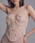 Embellished Floral Longline Corset Top with Sheer Mesh and Pointed Hem