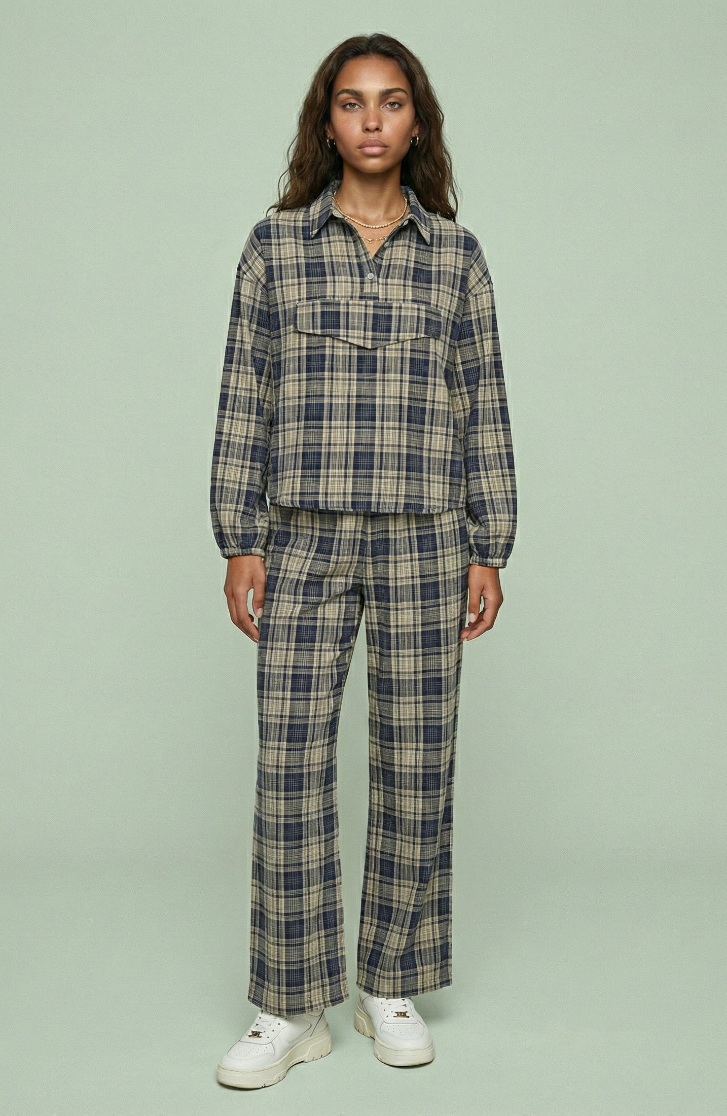 Oversized Plaid Pullover Shirt and Wide Leg Pant Set