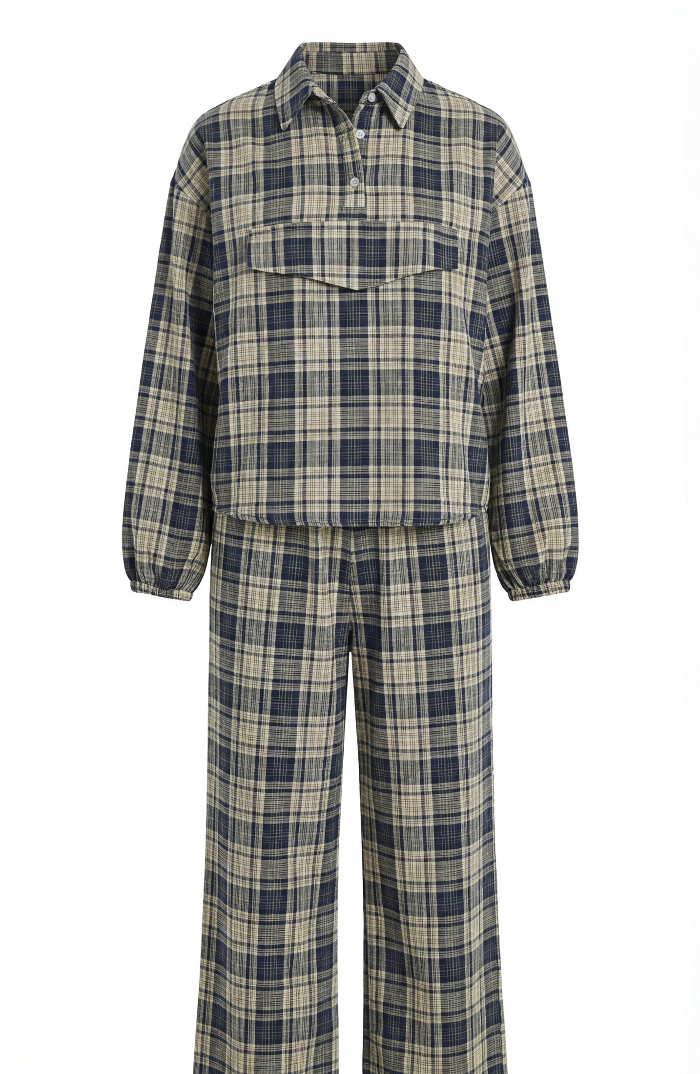 Oversized Plaid Pullover Shirt and Wide Leg Pant Set