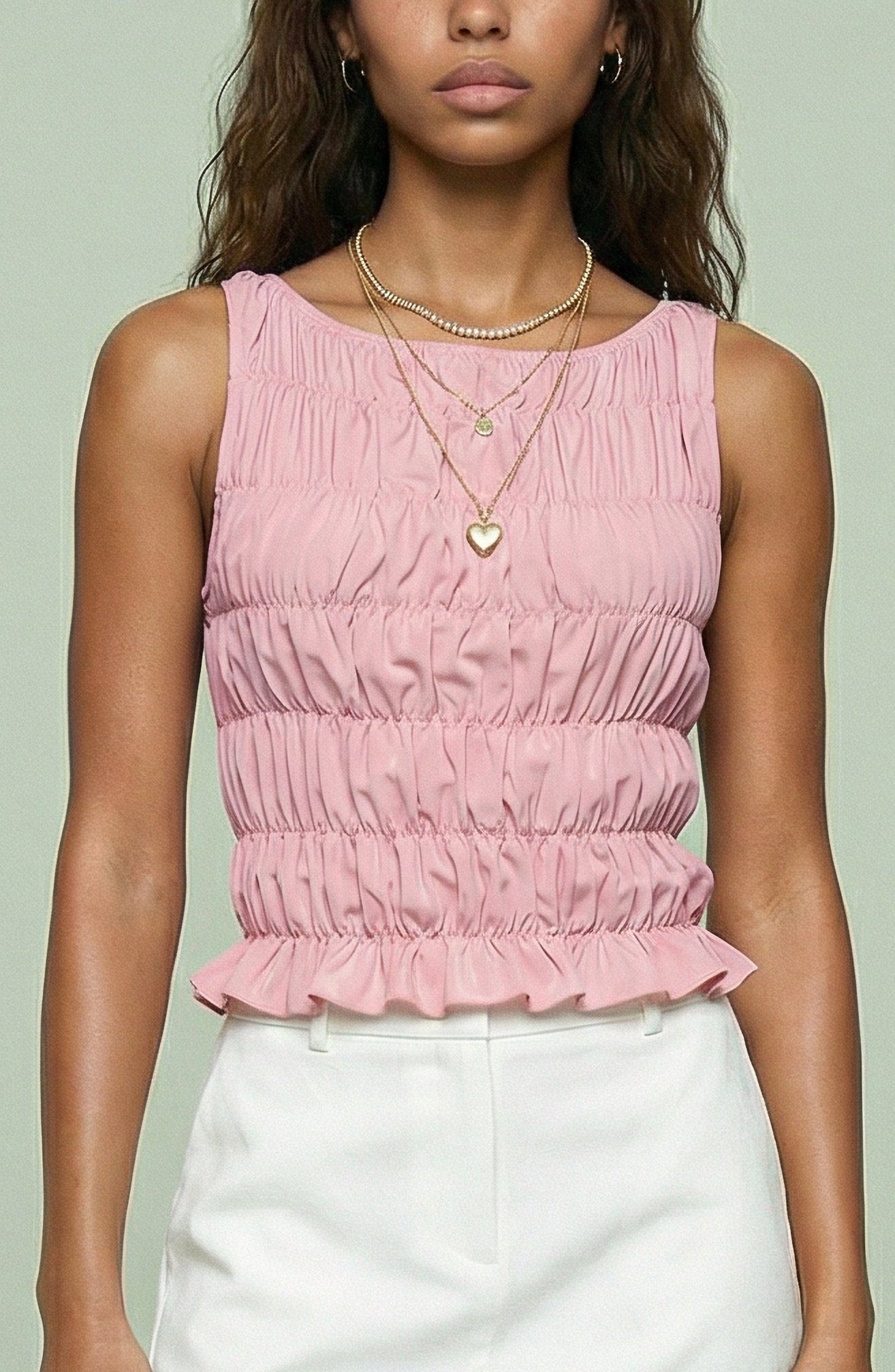 Ruched Sleeveless Ruffle Hem Cropped Tank Top