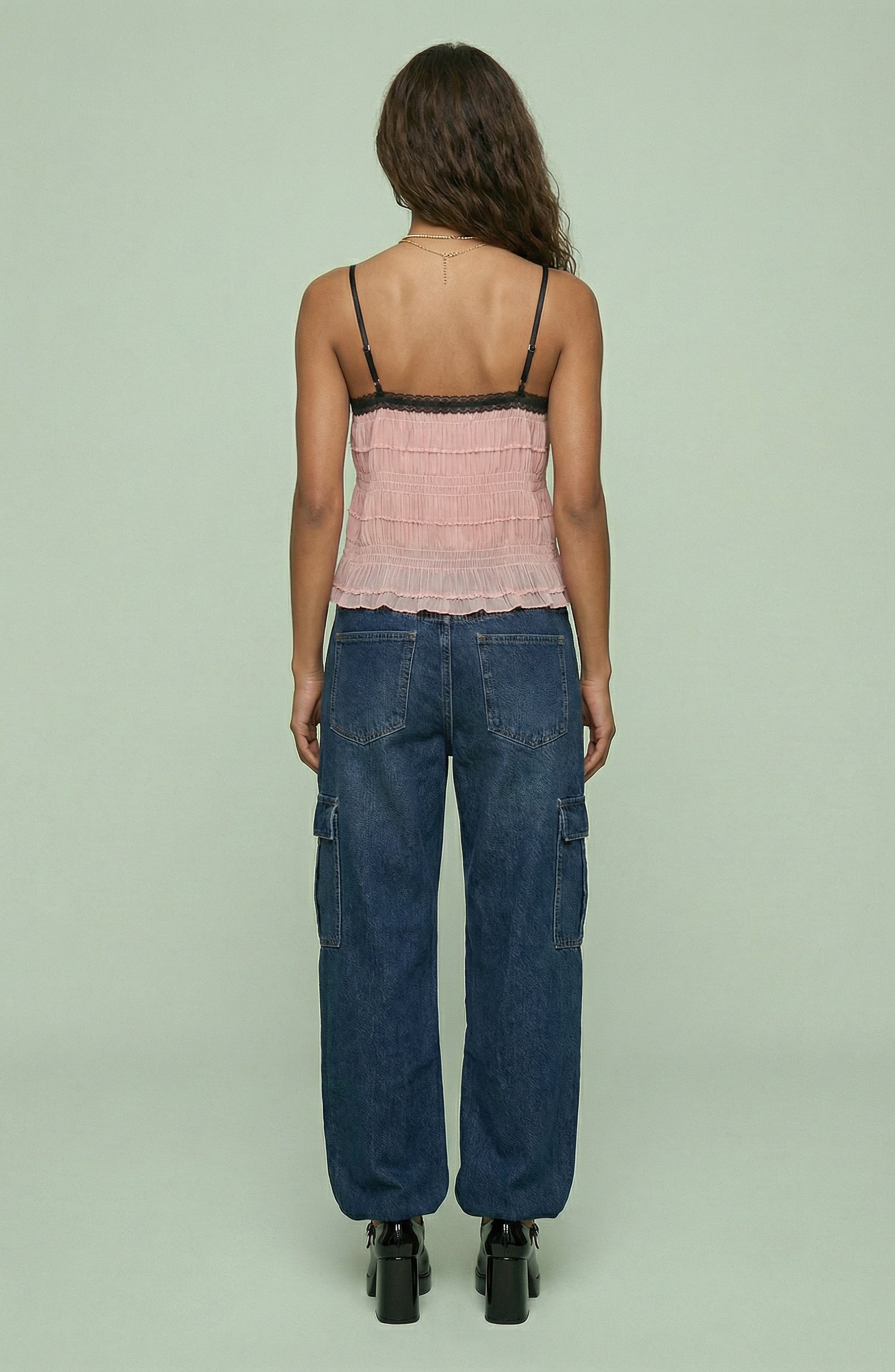 Lace Trim Ribbon Tie Sheer Cami