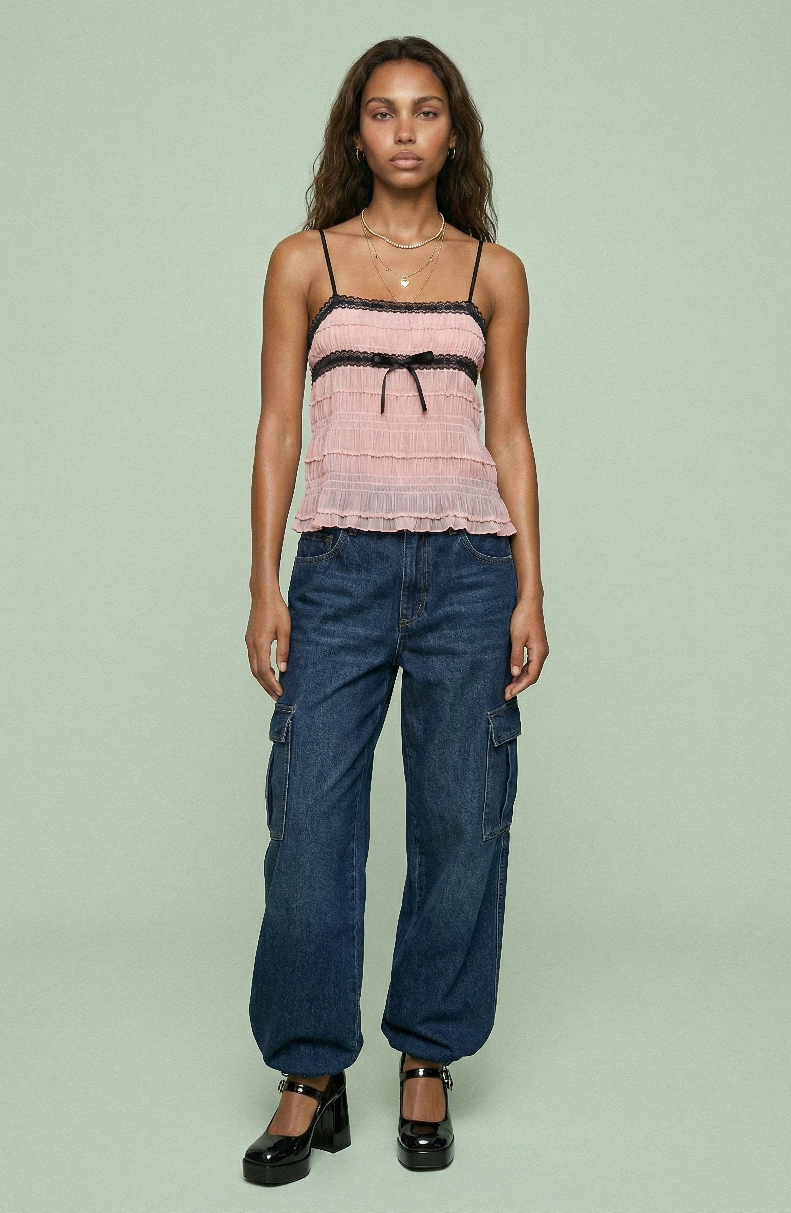 Lace Trim Ribbon Tie Sheer Cami