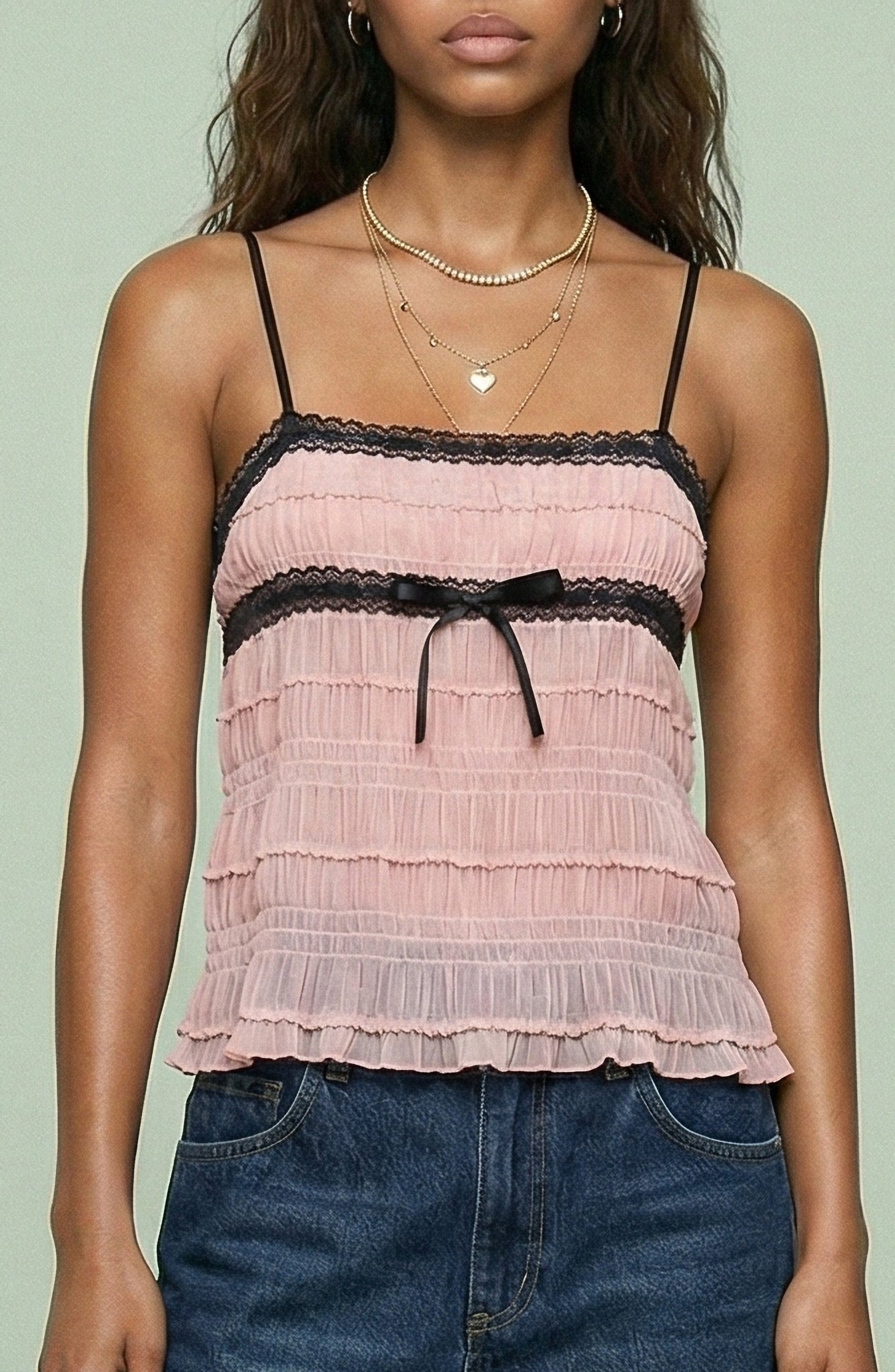 Lace Trim Ribbon Tie Sheer Cami