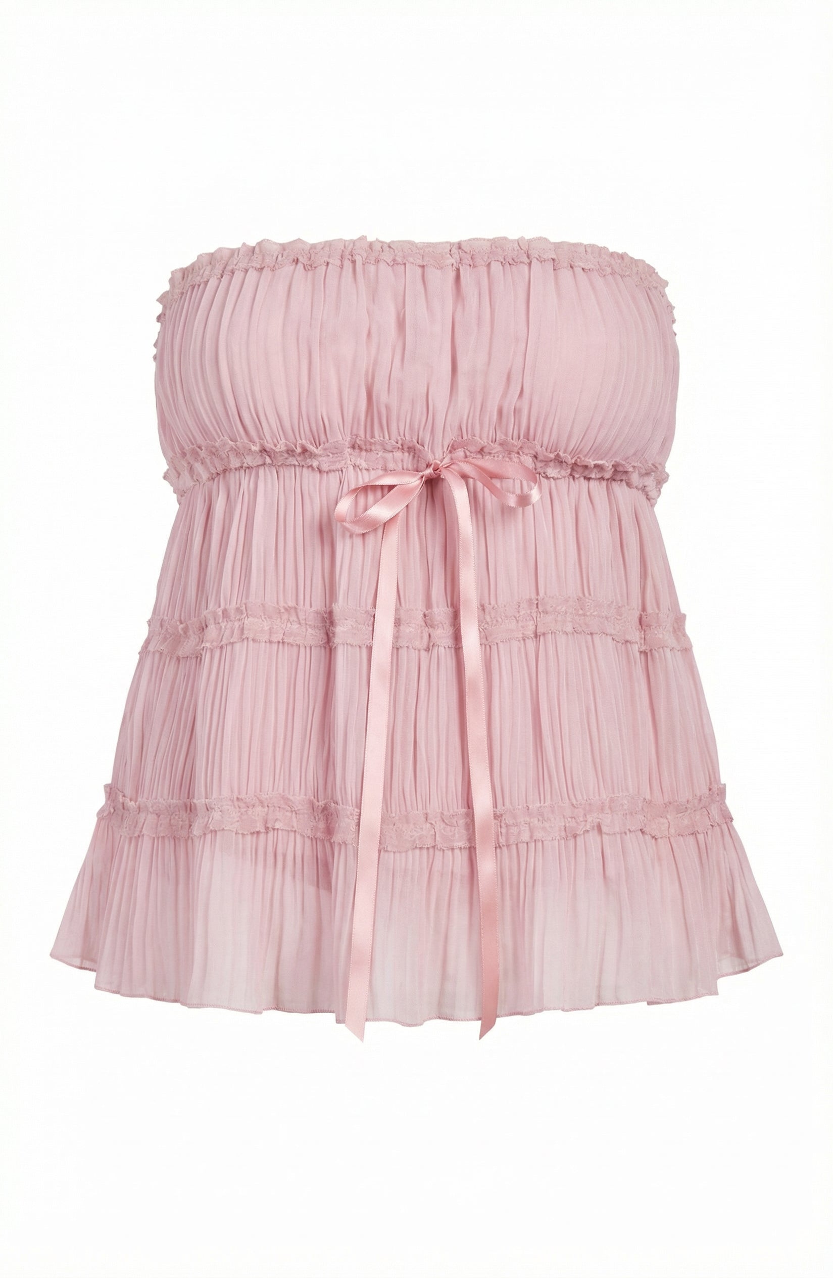 Strapless Ruffle Pleated Ribbon Tie Top