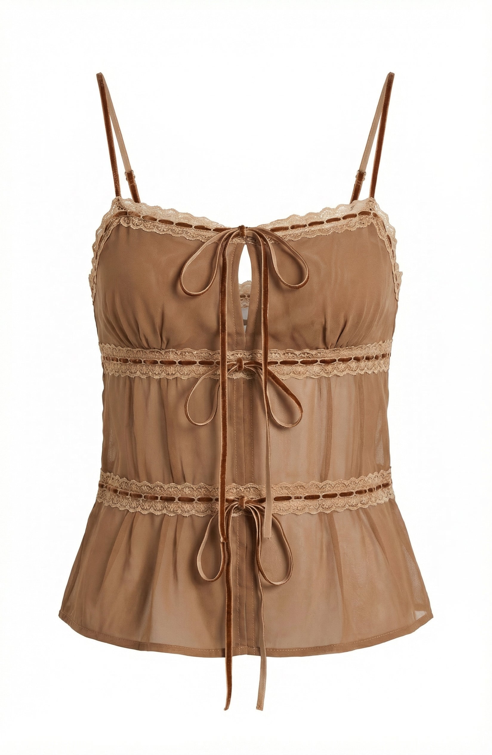 Brown Sheer Lace Tie Cami