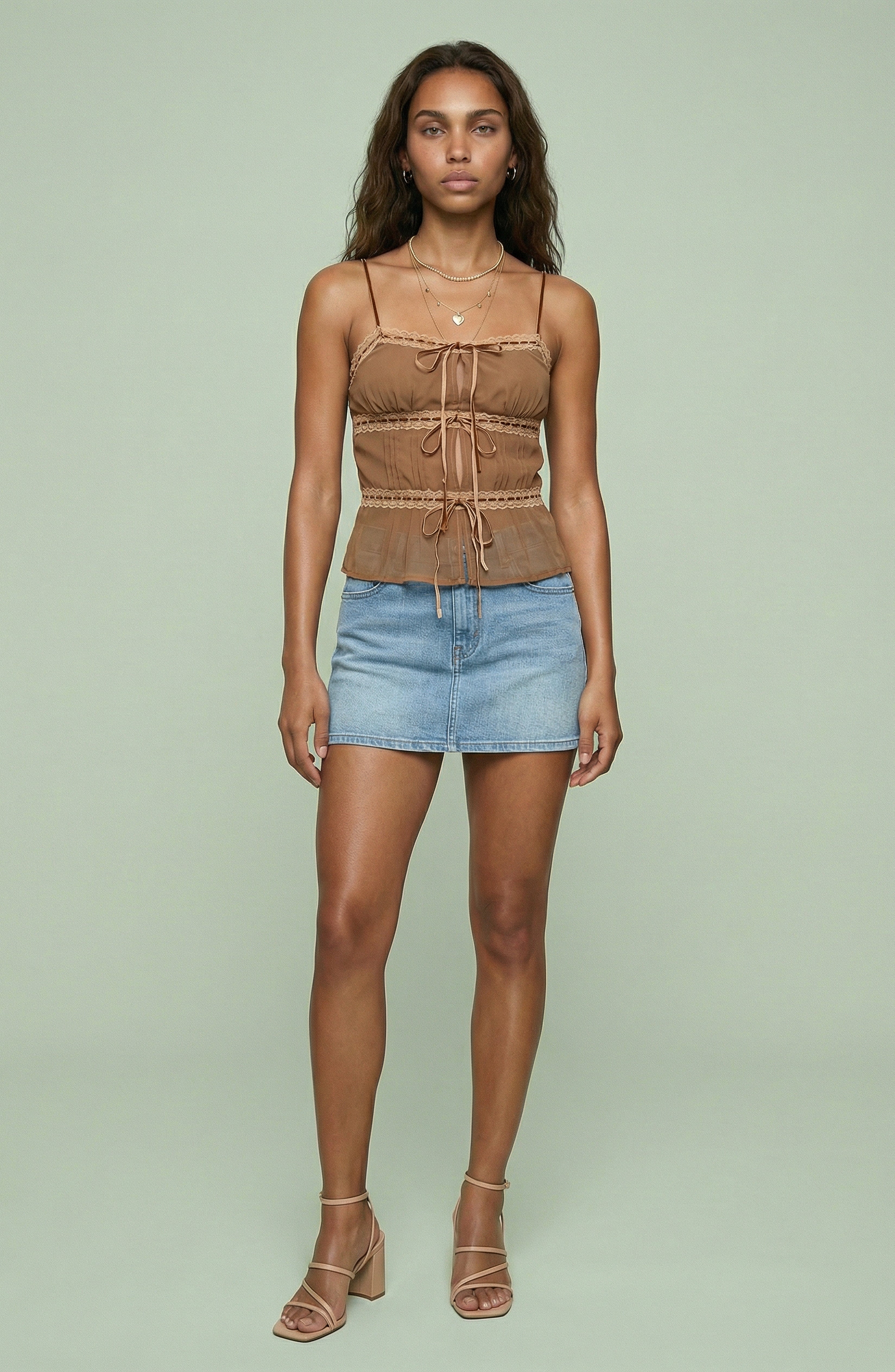 Brown Sheer Lace Tie Cami