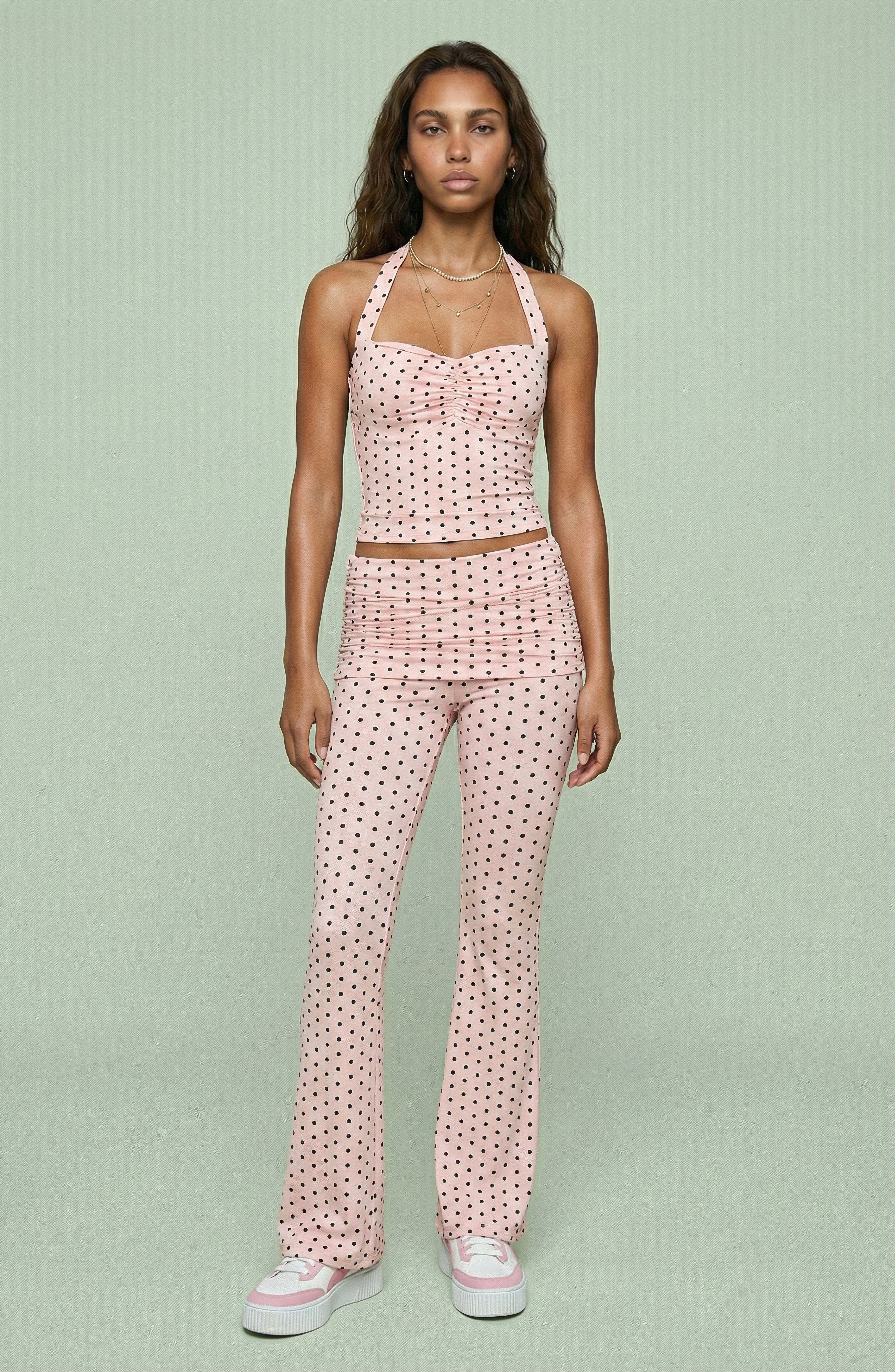 Polka Dot Halter Top and Ruched Flare Pant Set