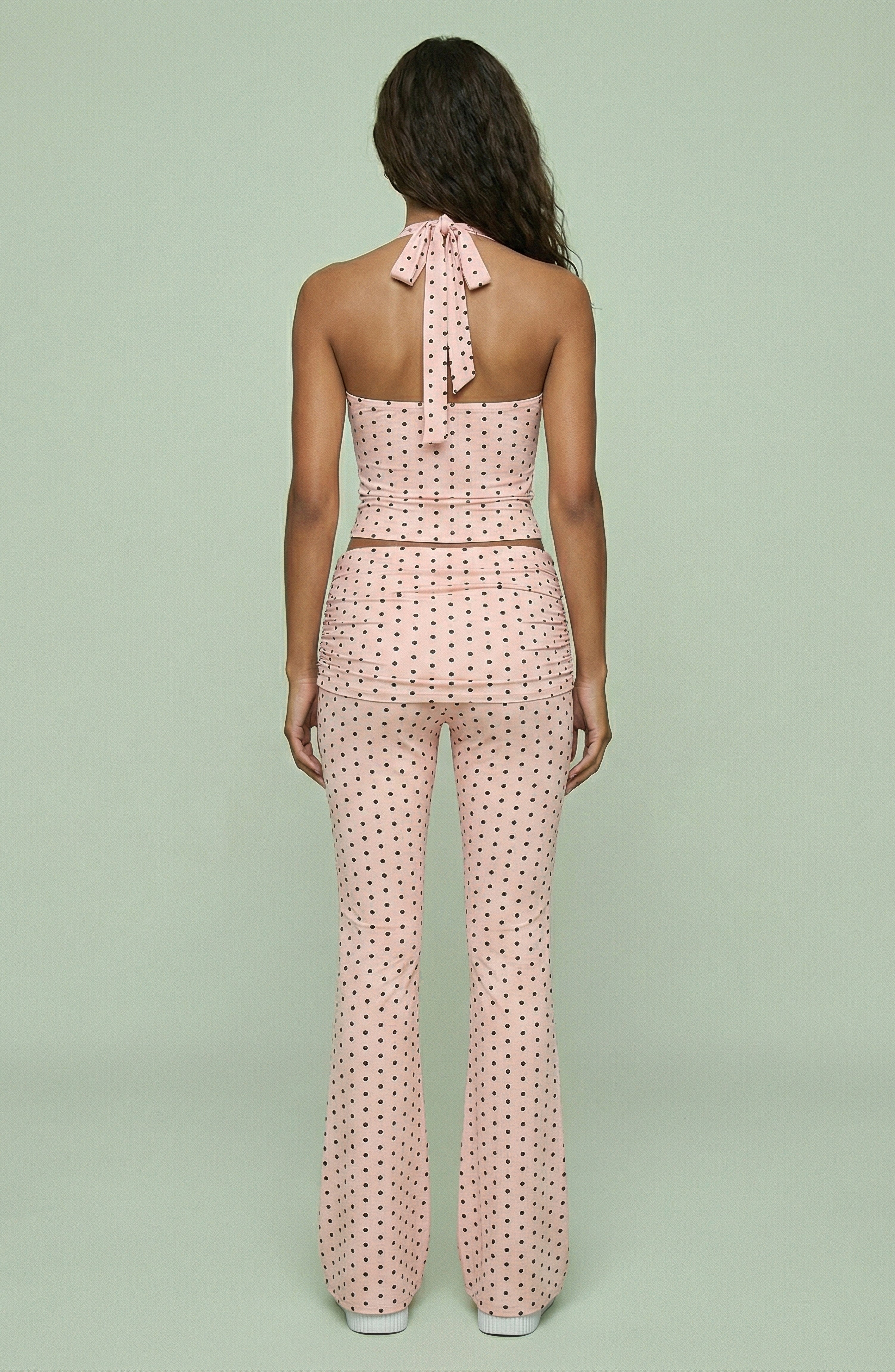 Polka Dot Halter Top and Ruched Flare Pant Set