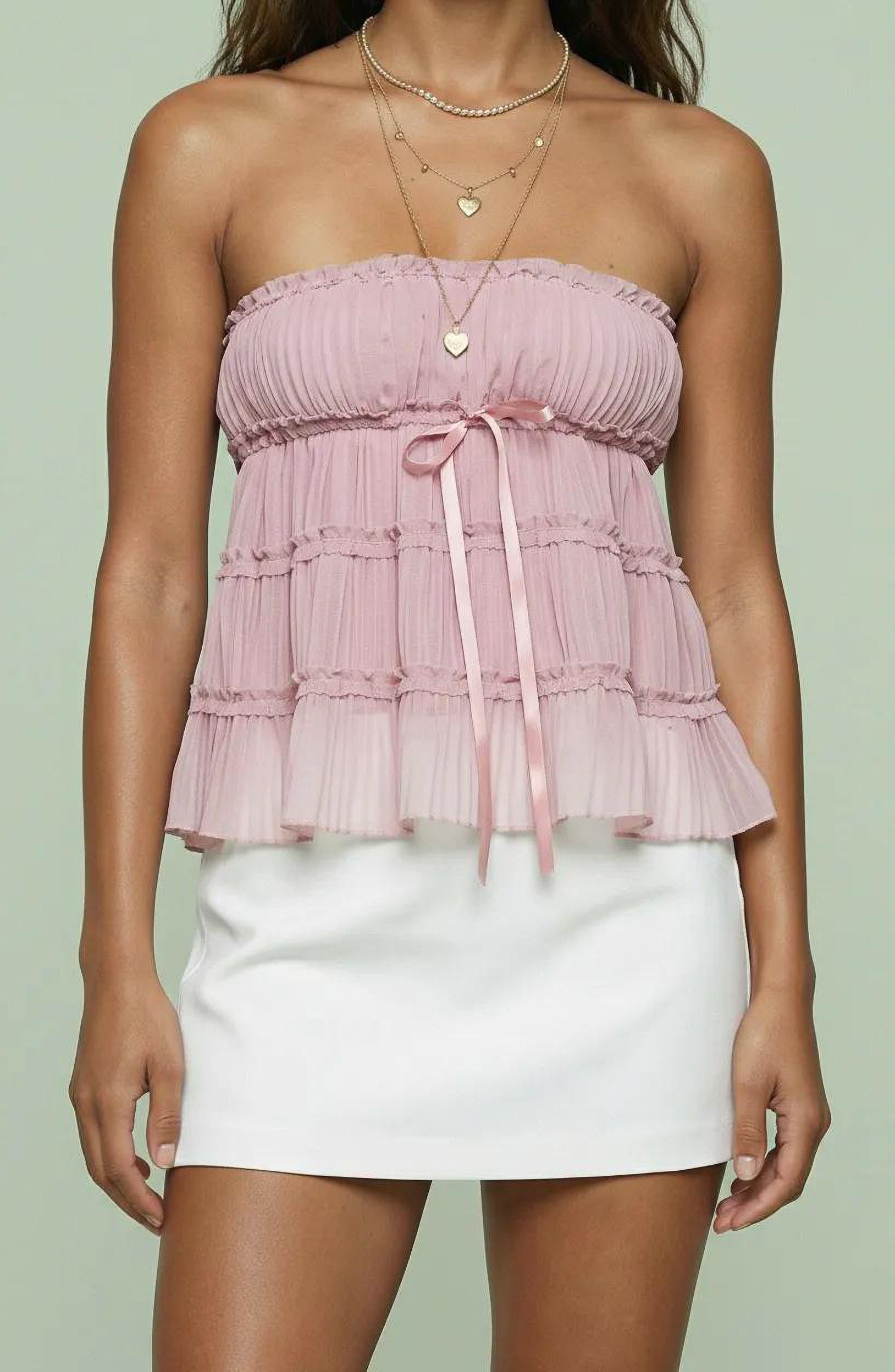 Strapless Ruffle Pleated Ribbon Tie Top
