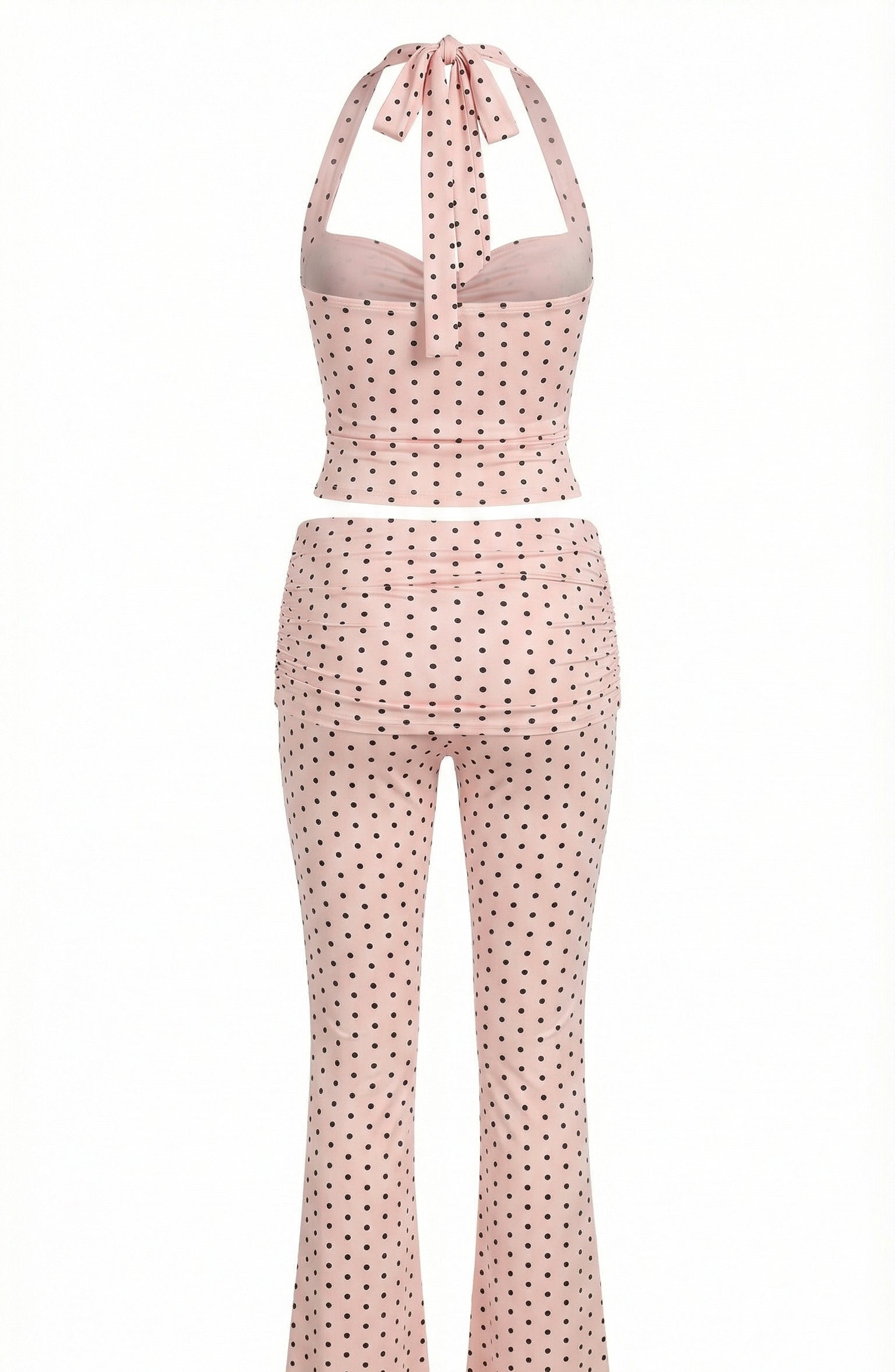 Polka Dot Halter Top and Ruched Flare Pant Set