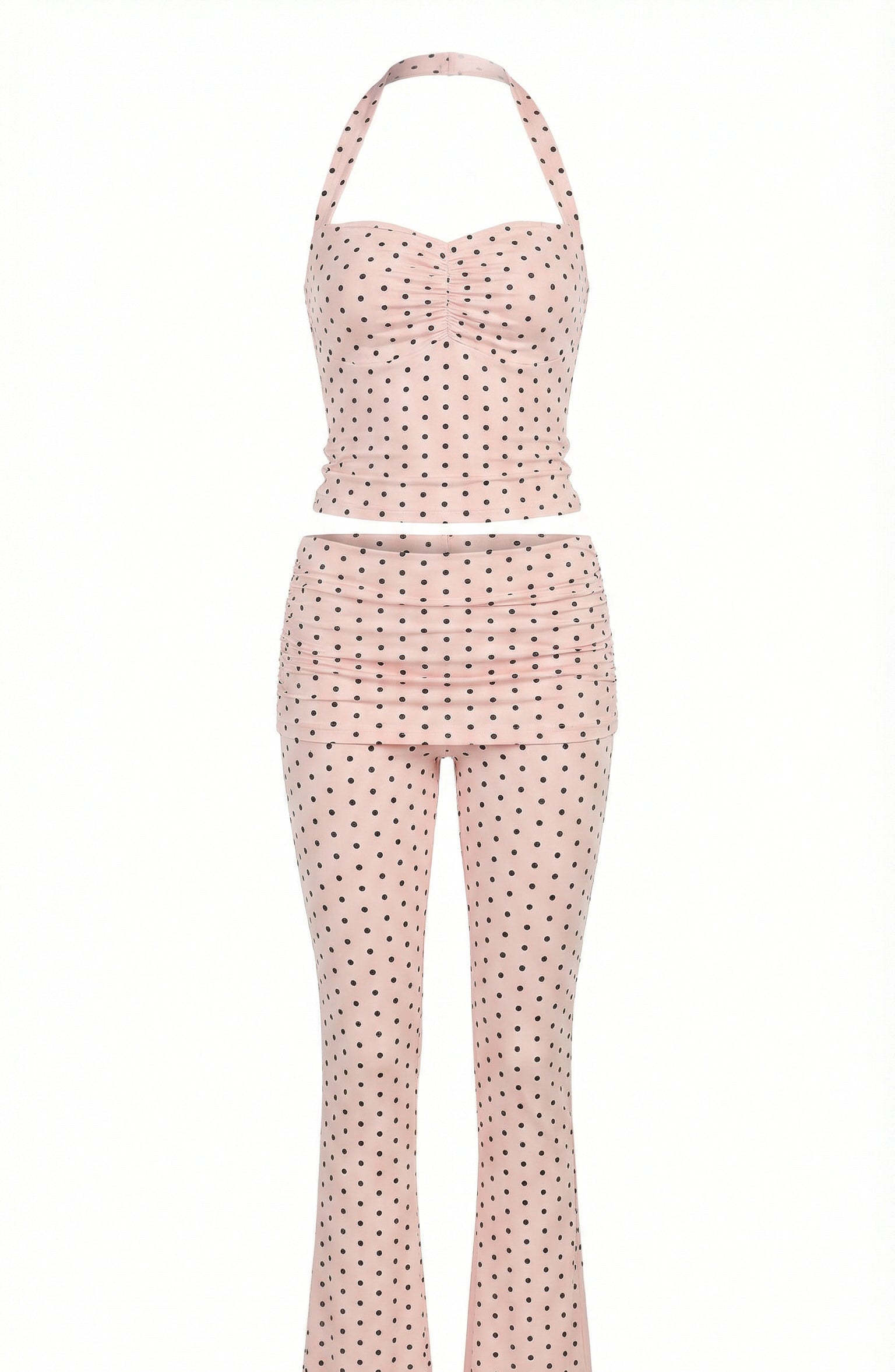 Polka Dot Halter Top and Ruched Flare Pant Set