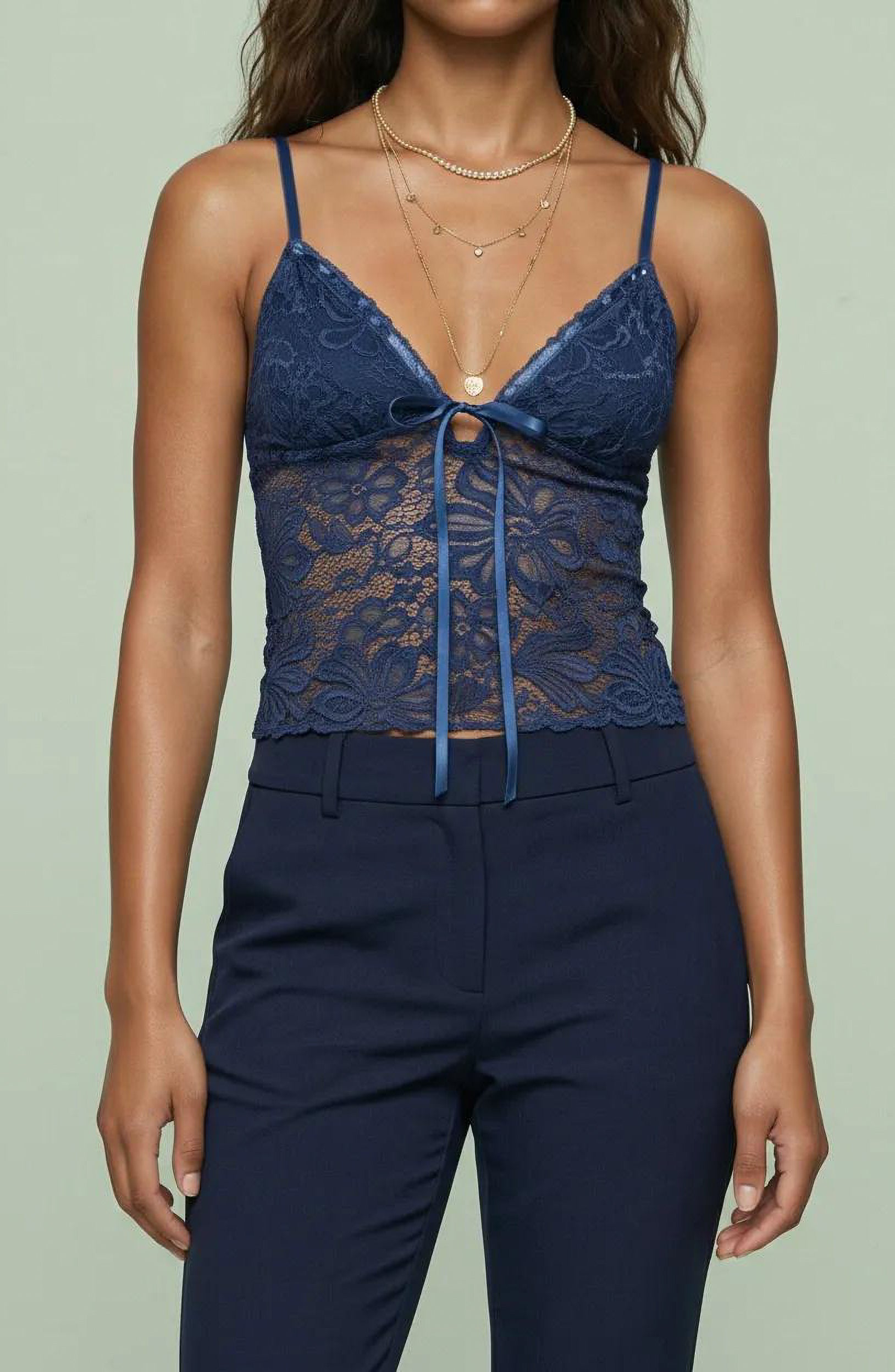 Lace Tie Front Spaghetti Strap Cami Top