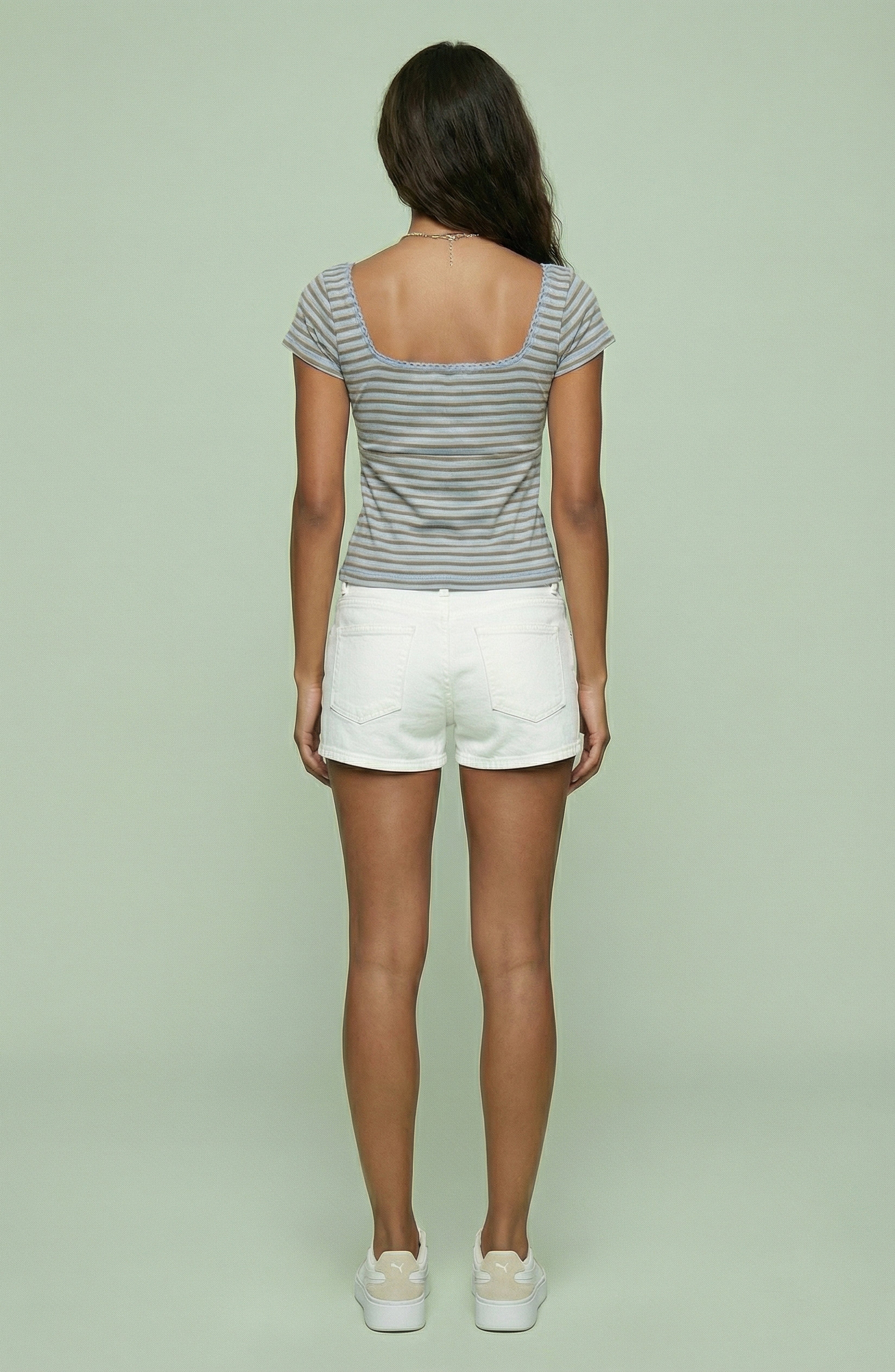 Striped Square Neck Button Front Fitted Tee