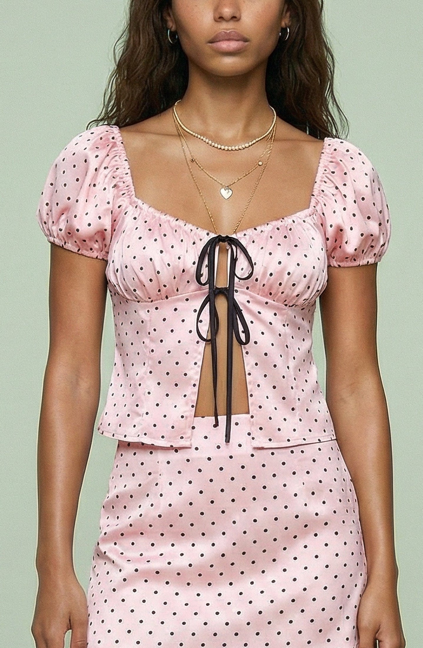 Polka Dot Puff Sleeve Top and Mini Skirt Set