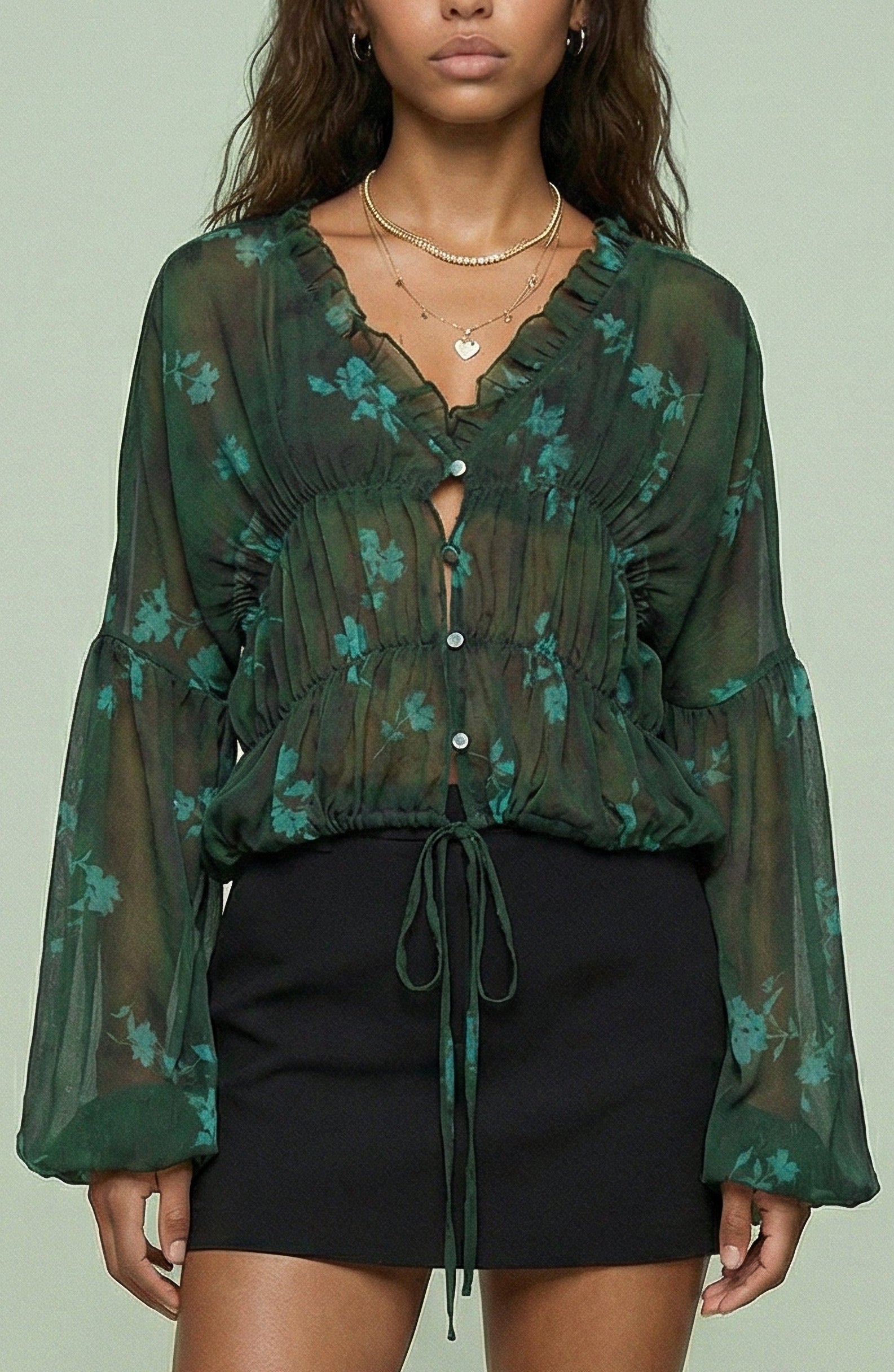 Sheer Floral Tie-Front Blouse