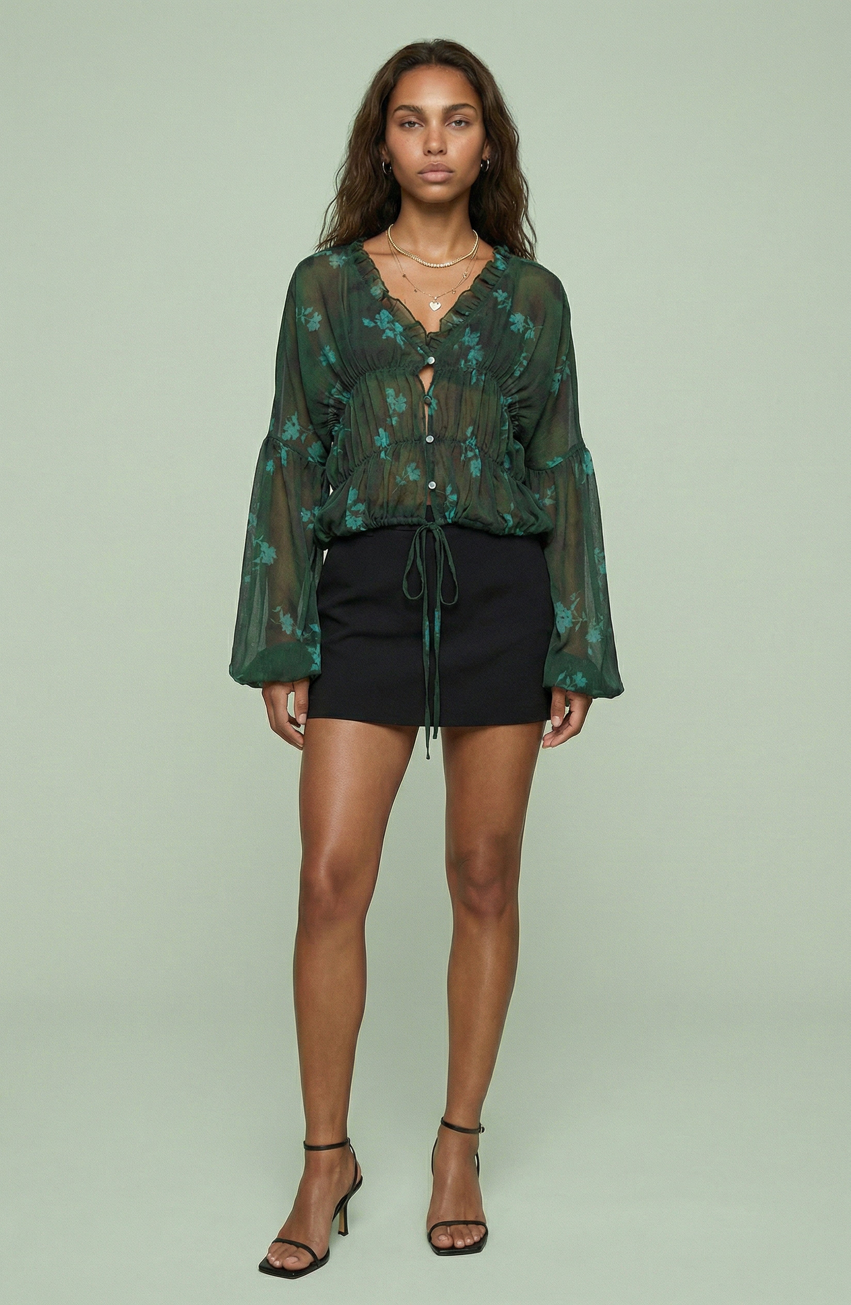 Sheer Floral Tie-Front Blouse