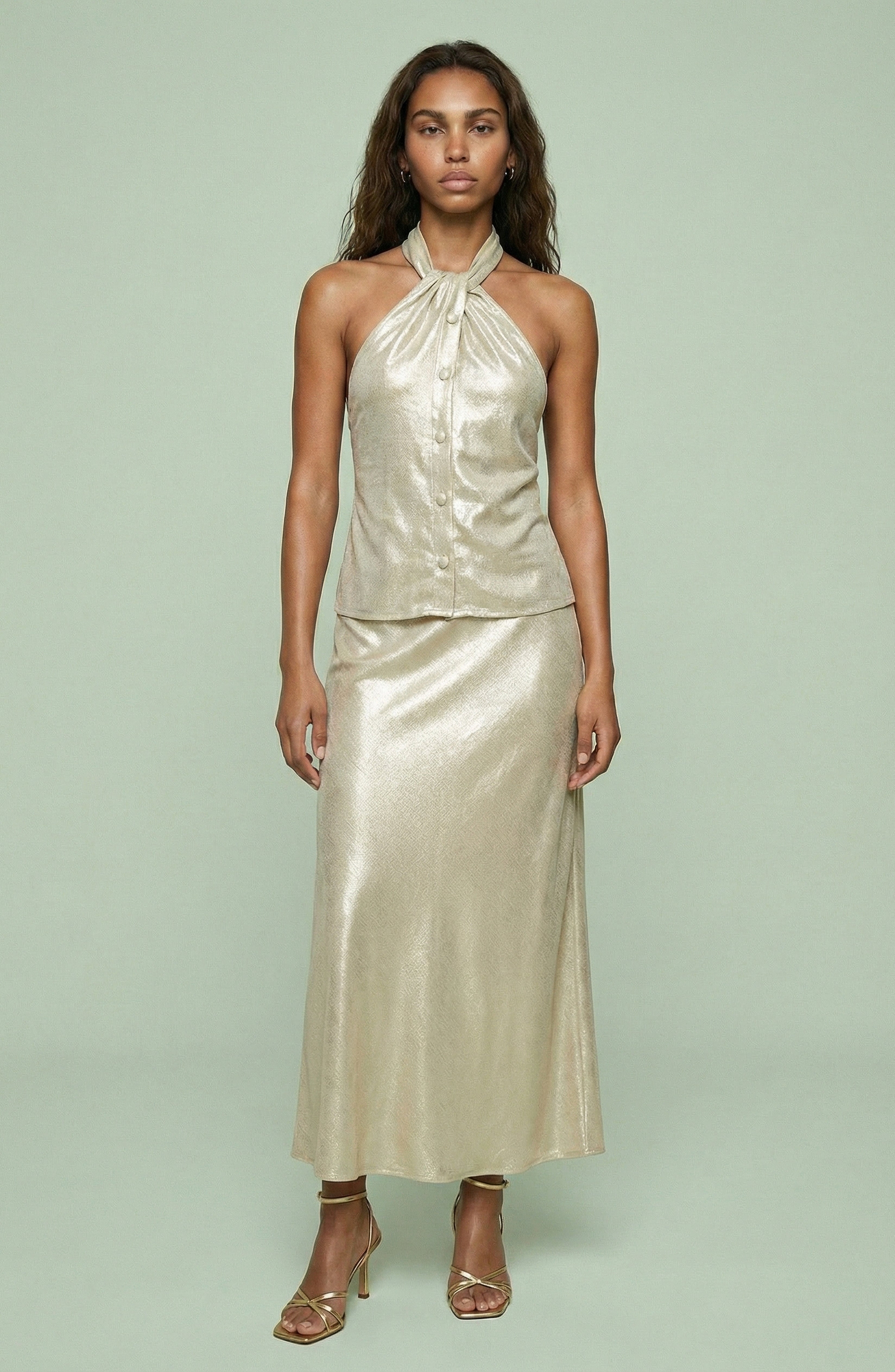Metallic Halter Button Top