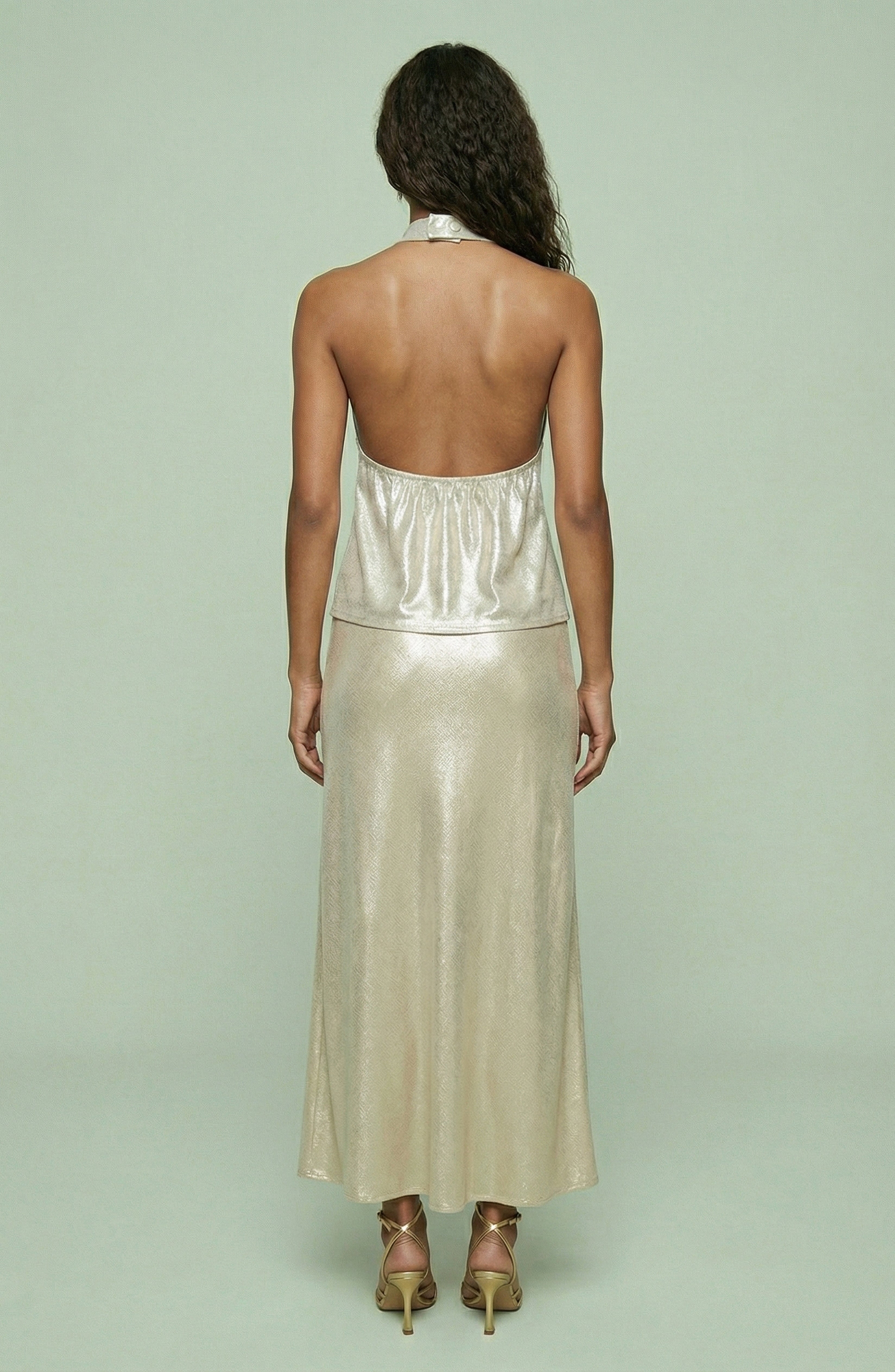 Metallic Halter Button Top