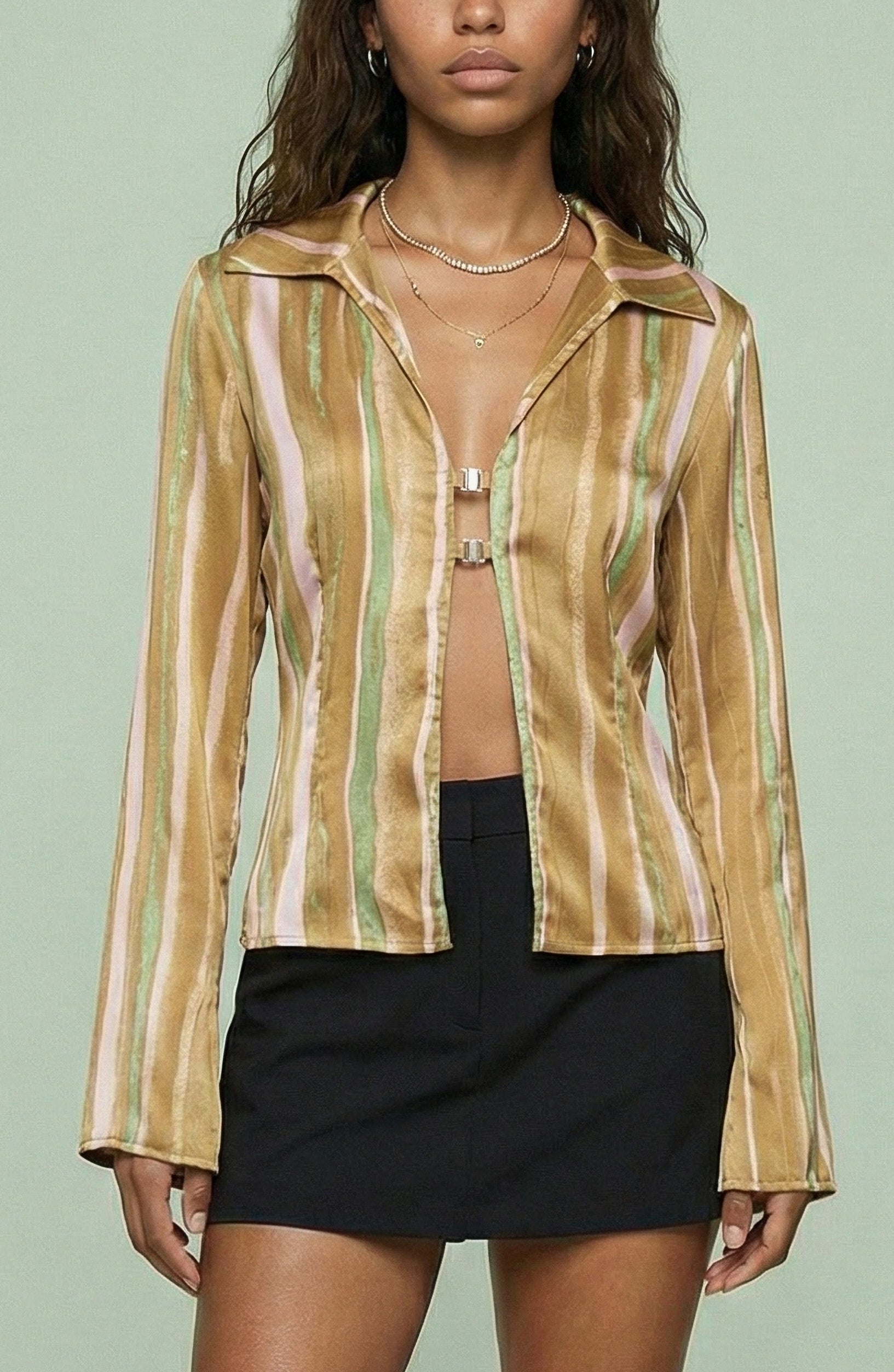 Striped Hook-Front Jacket Top