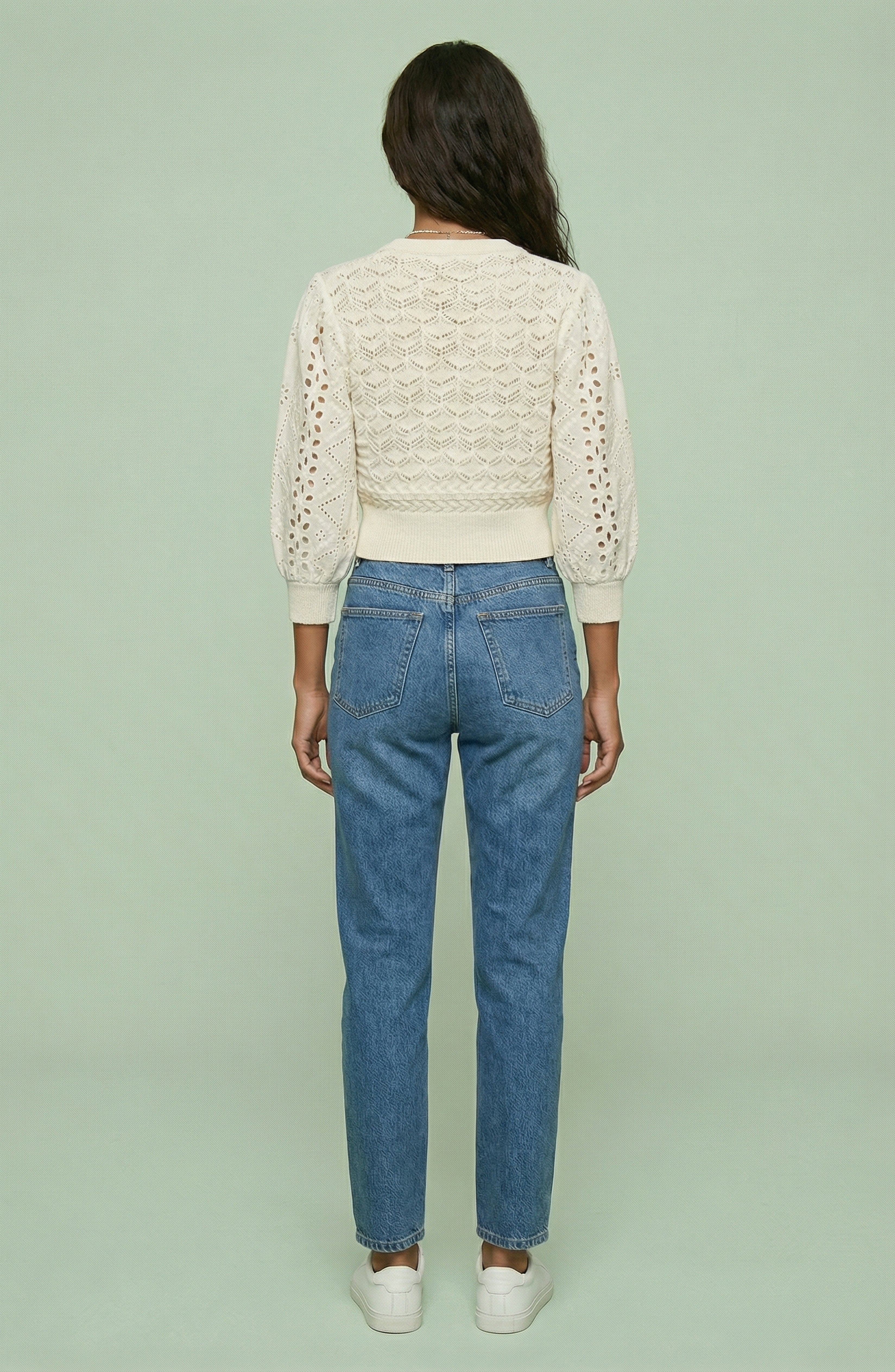 Cropped Eyelet Knit Button Cardigan