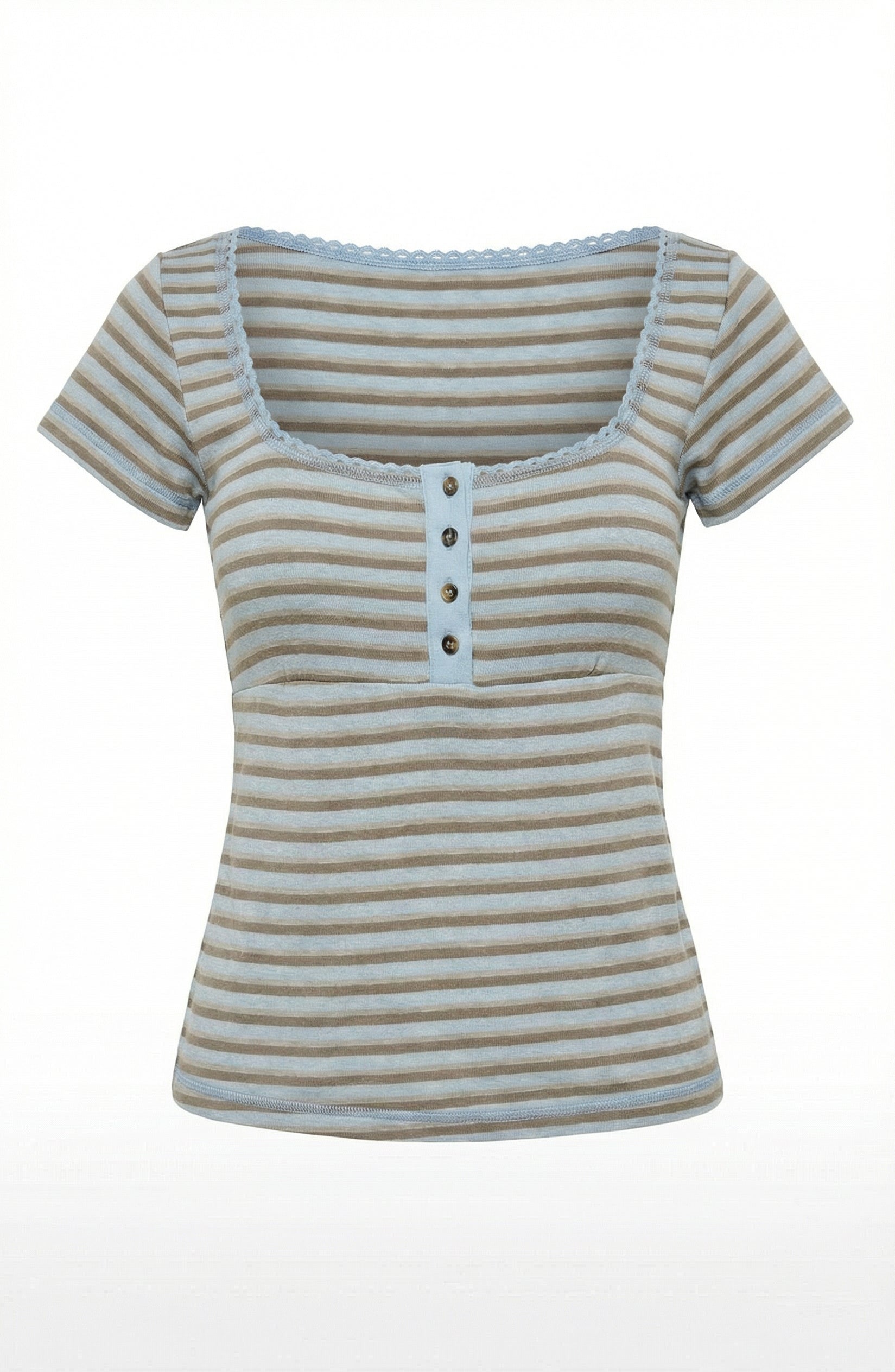 Striped Square Neck Button Front Fitted Tee