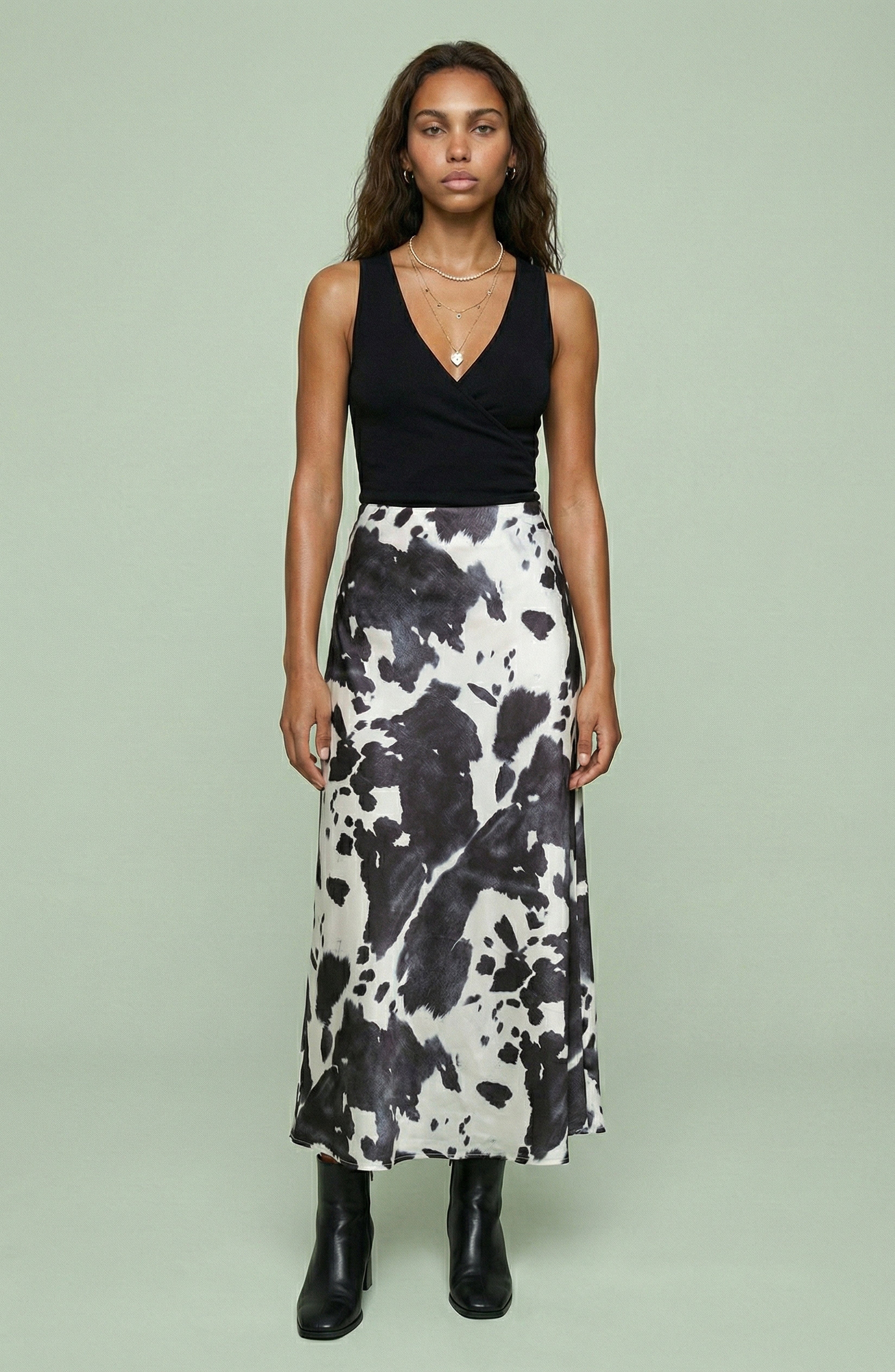 Abstract Cow Print Satin Midi Skirt