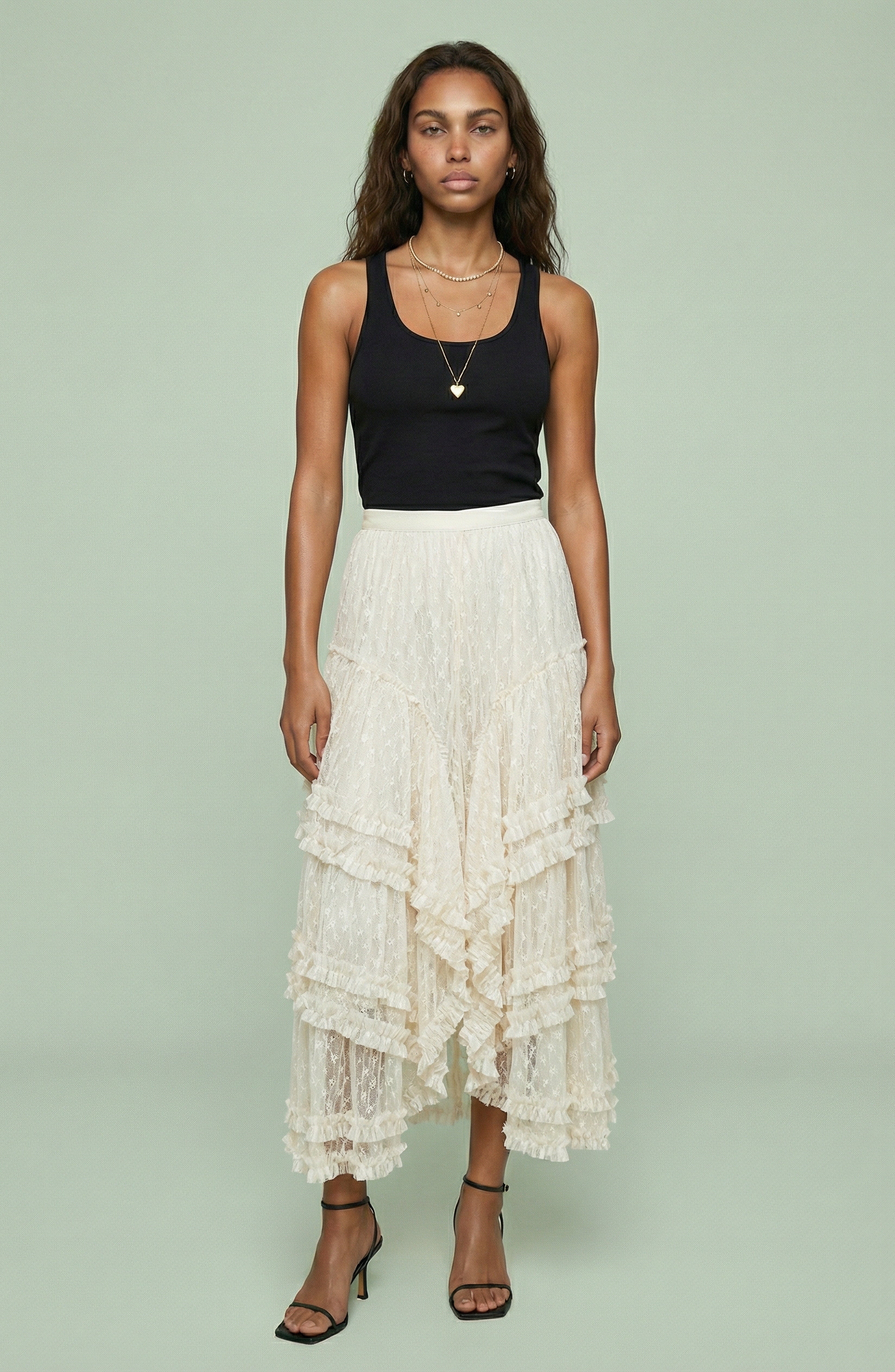 Lace Ruffle Tiered Asymmetrical Midi Skirt
