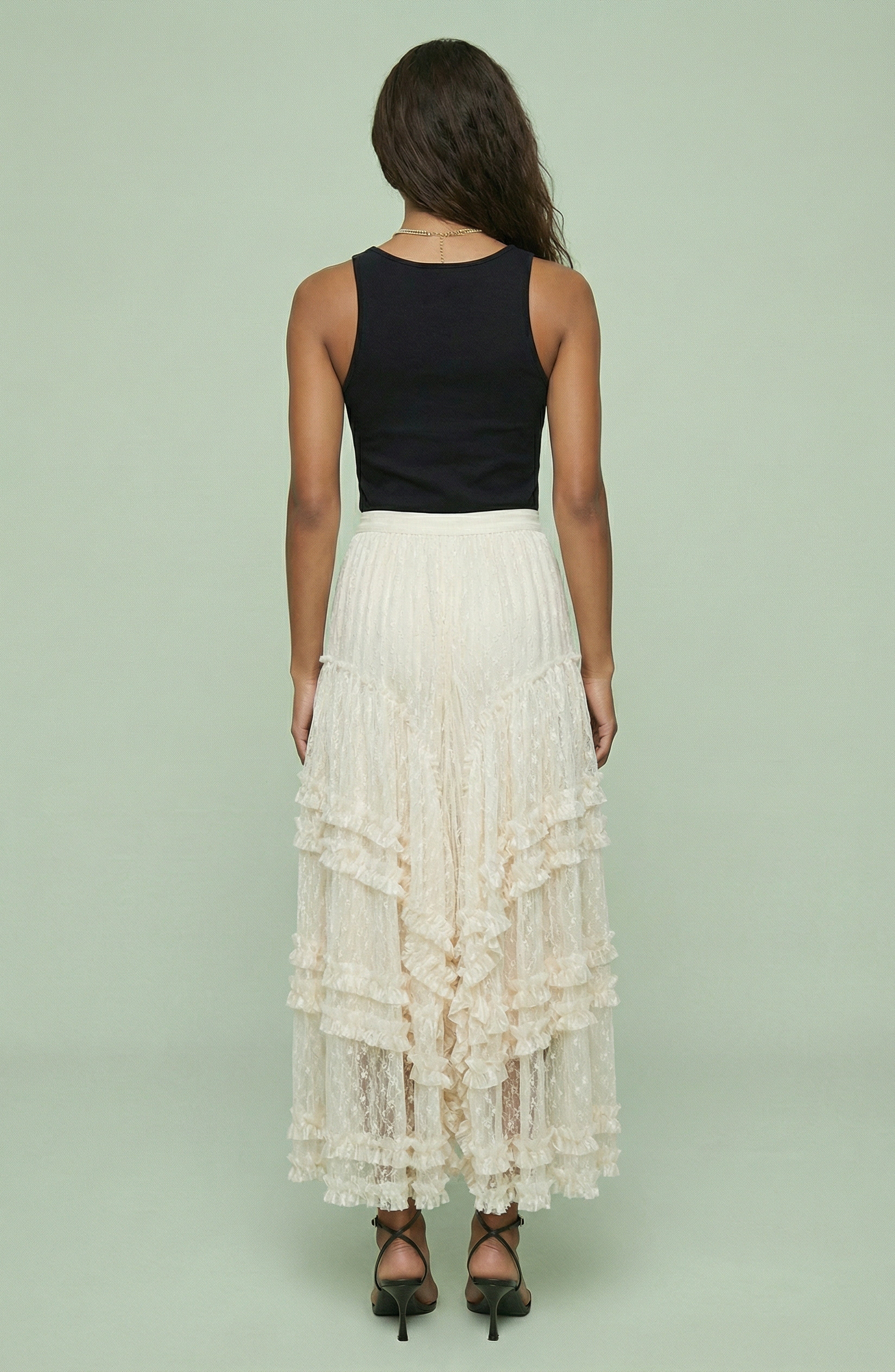 Lace Ruffle Tiered Asymmetrical Midi Skirt