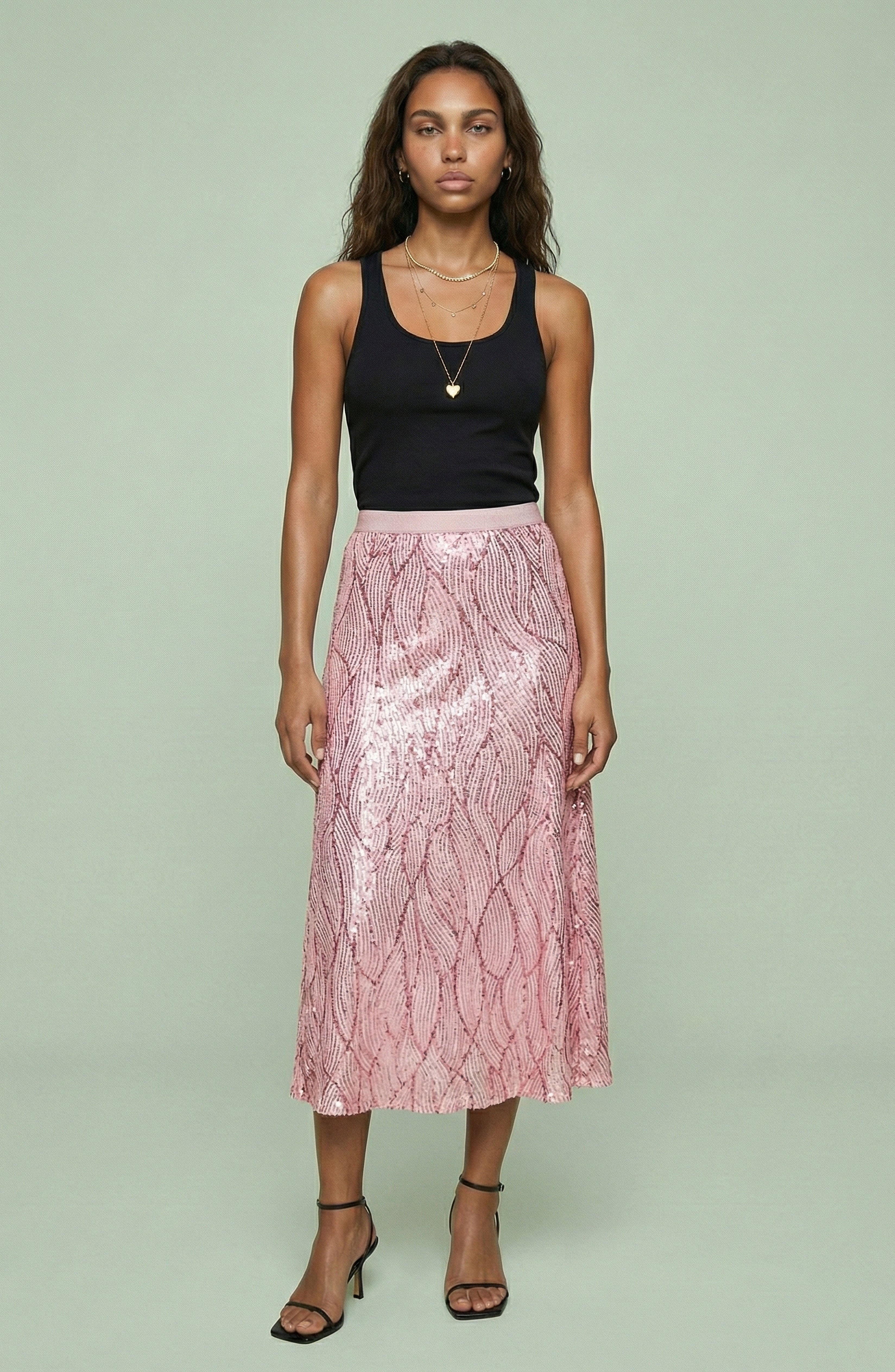 Textured Sequin Wave Midi Skirt