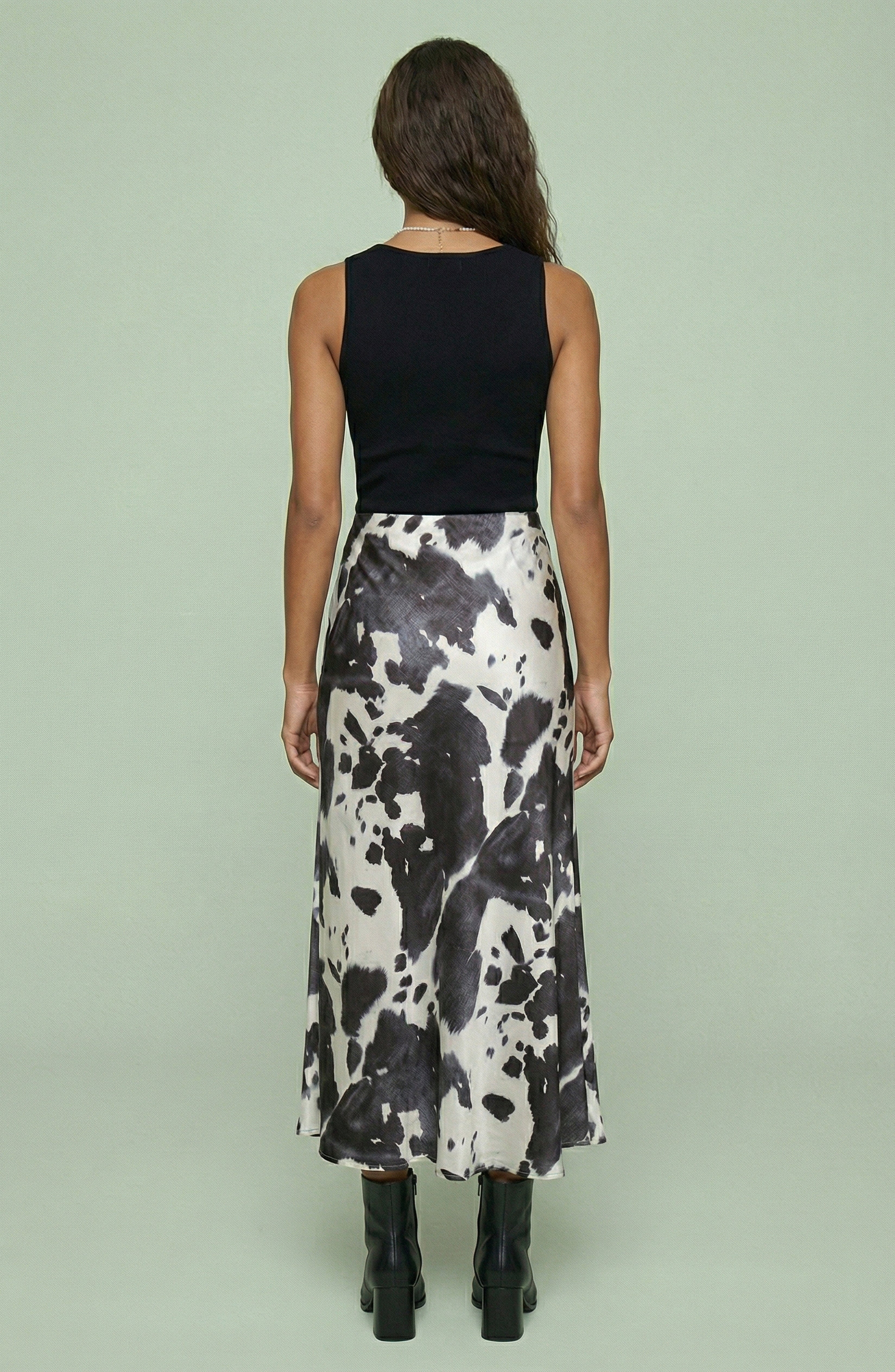 Abstract Cow Print Satin Midi Skirt