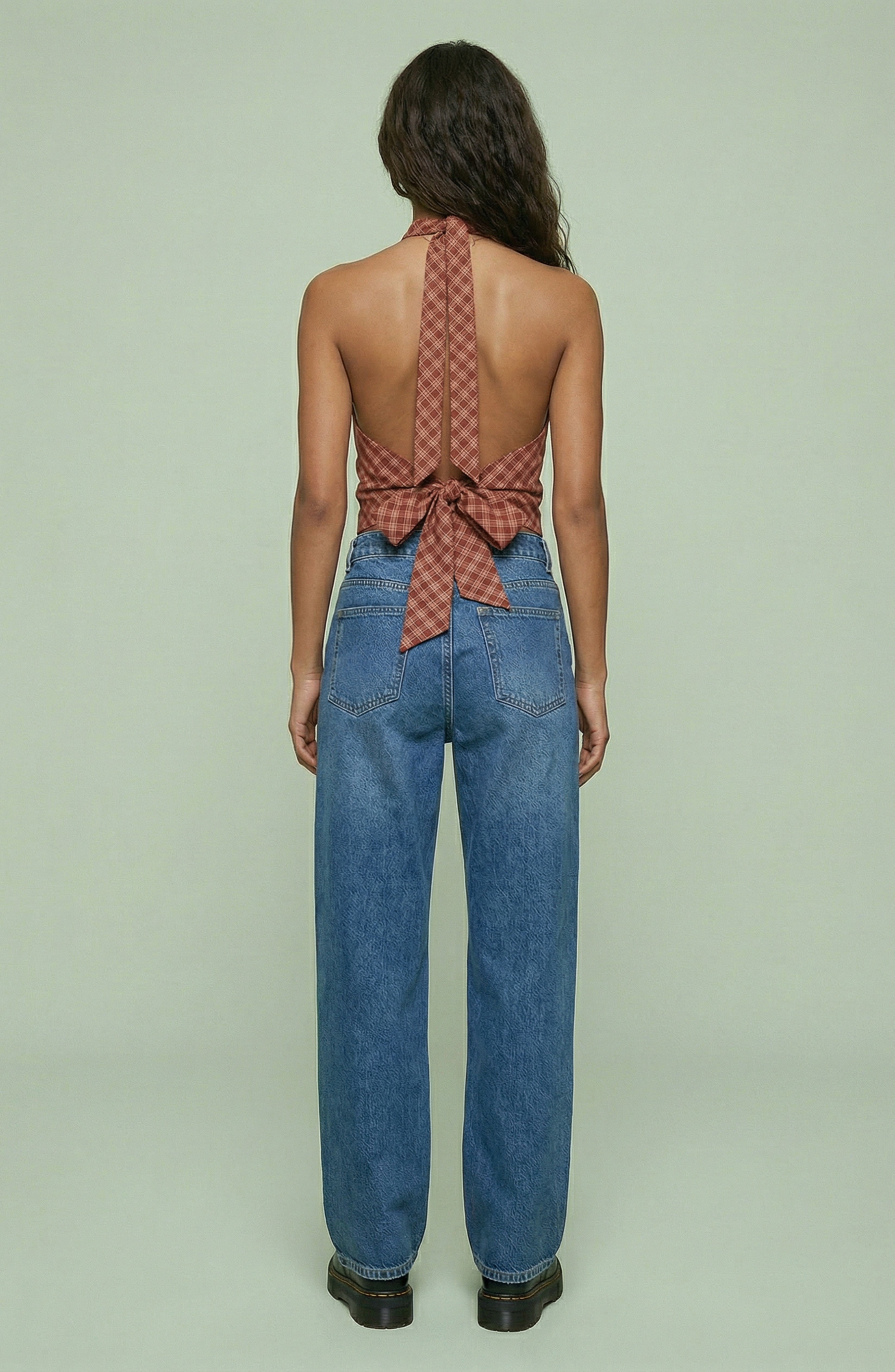 Plaid Halter Cowl Neck Open Back Top