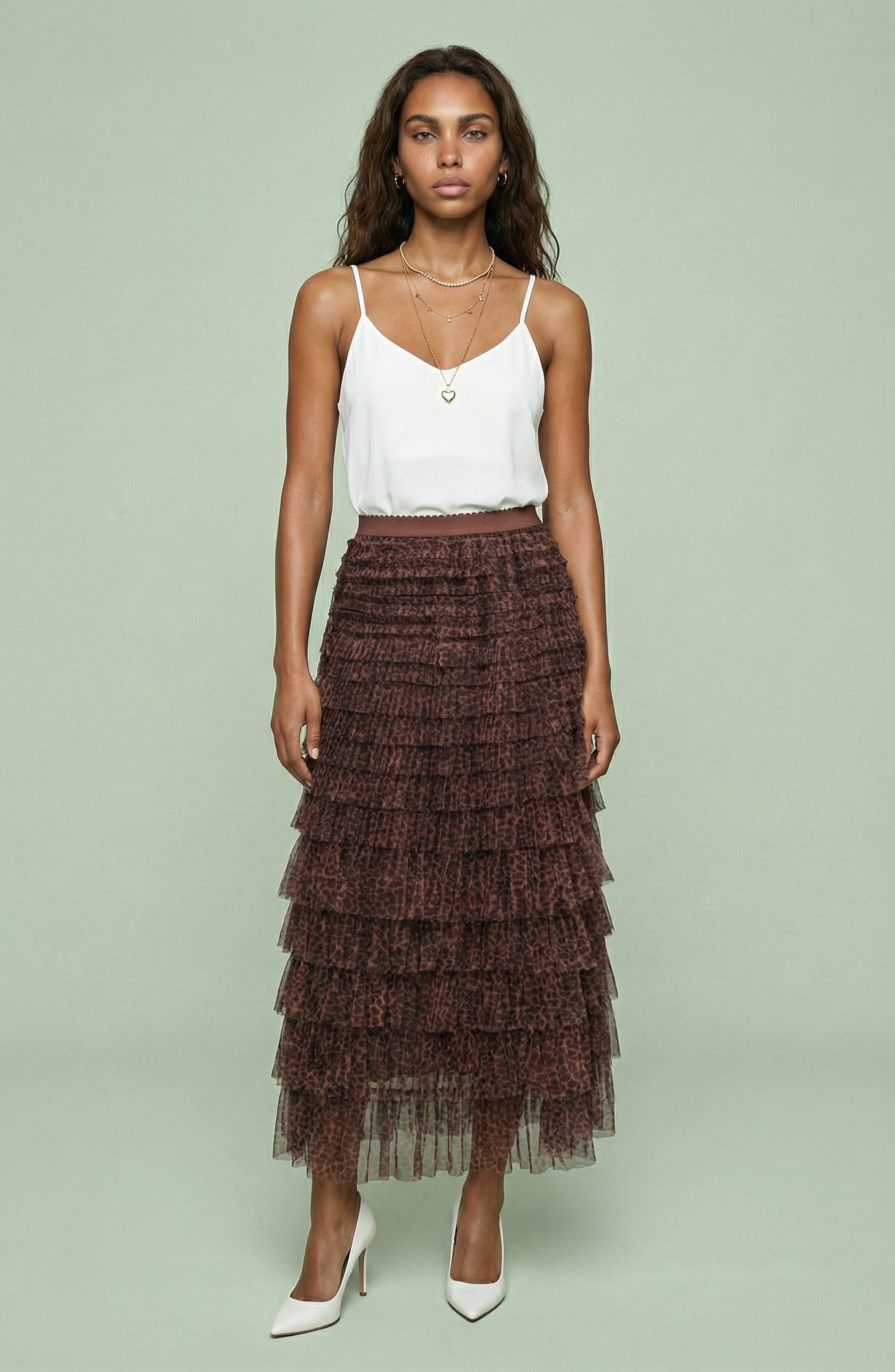 Leopard Tiered Mesh Ruffle Maxi Skirt