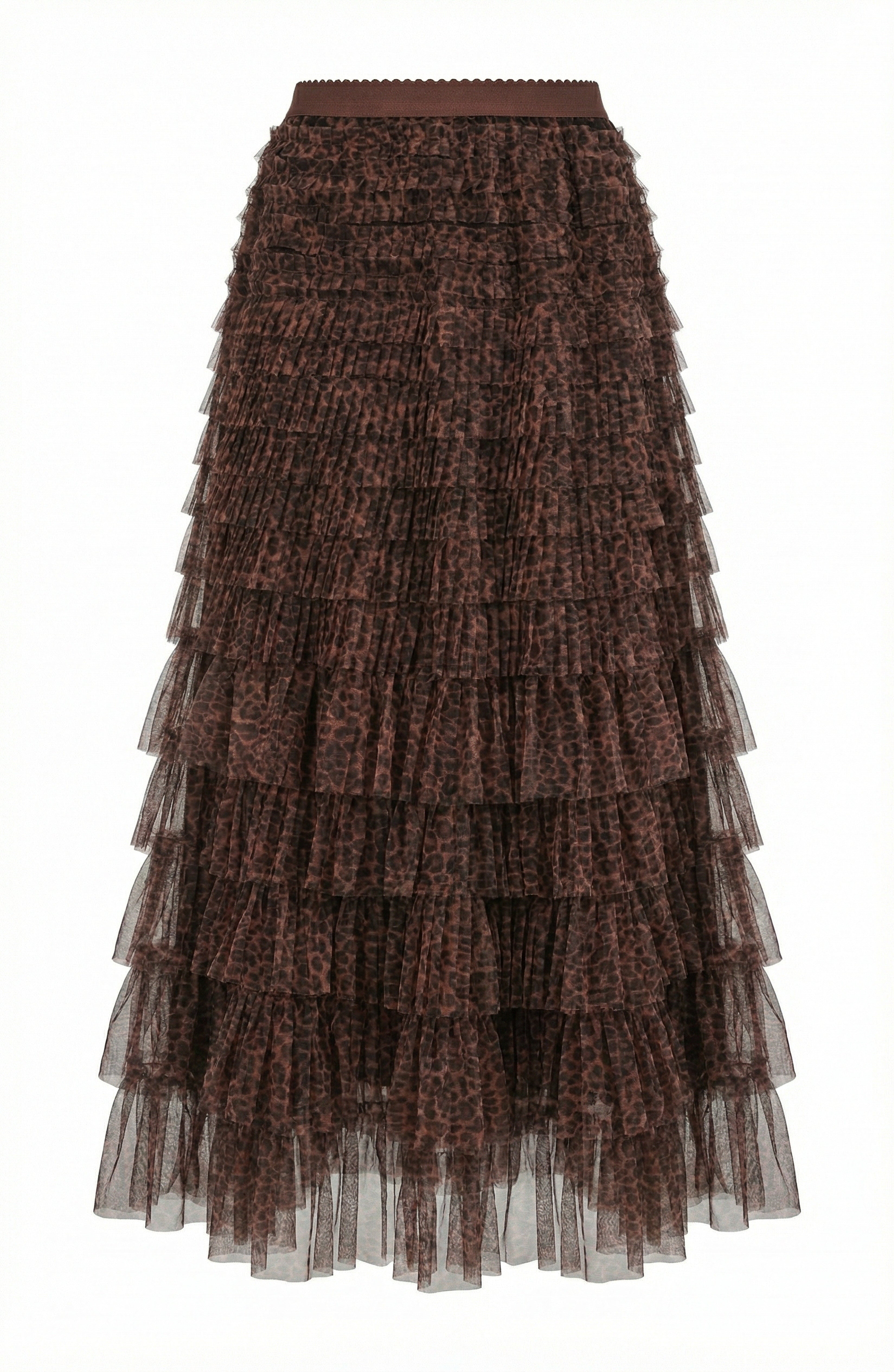Leopard Tiered Mesh Ruffle Maxi Skirt