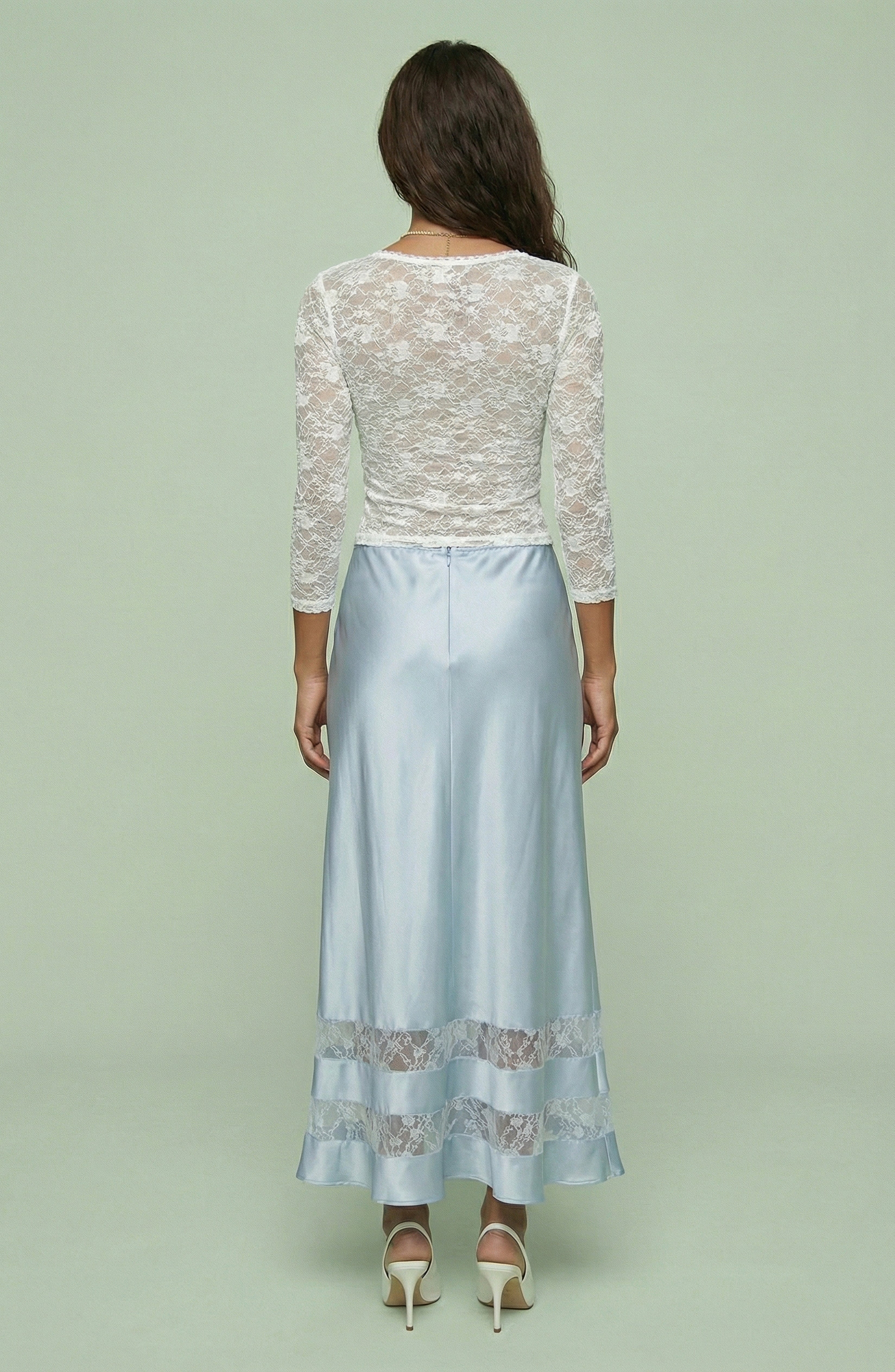 Blue Satin Lace-Trim Midi Skirt