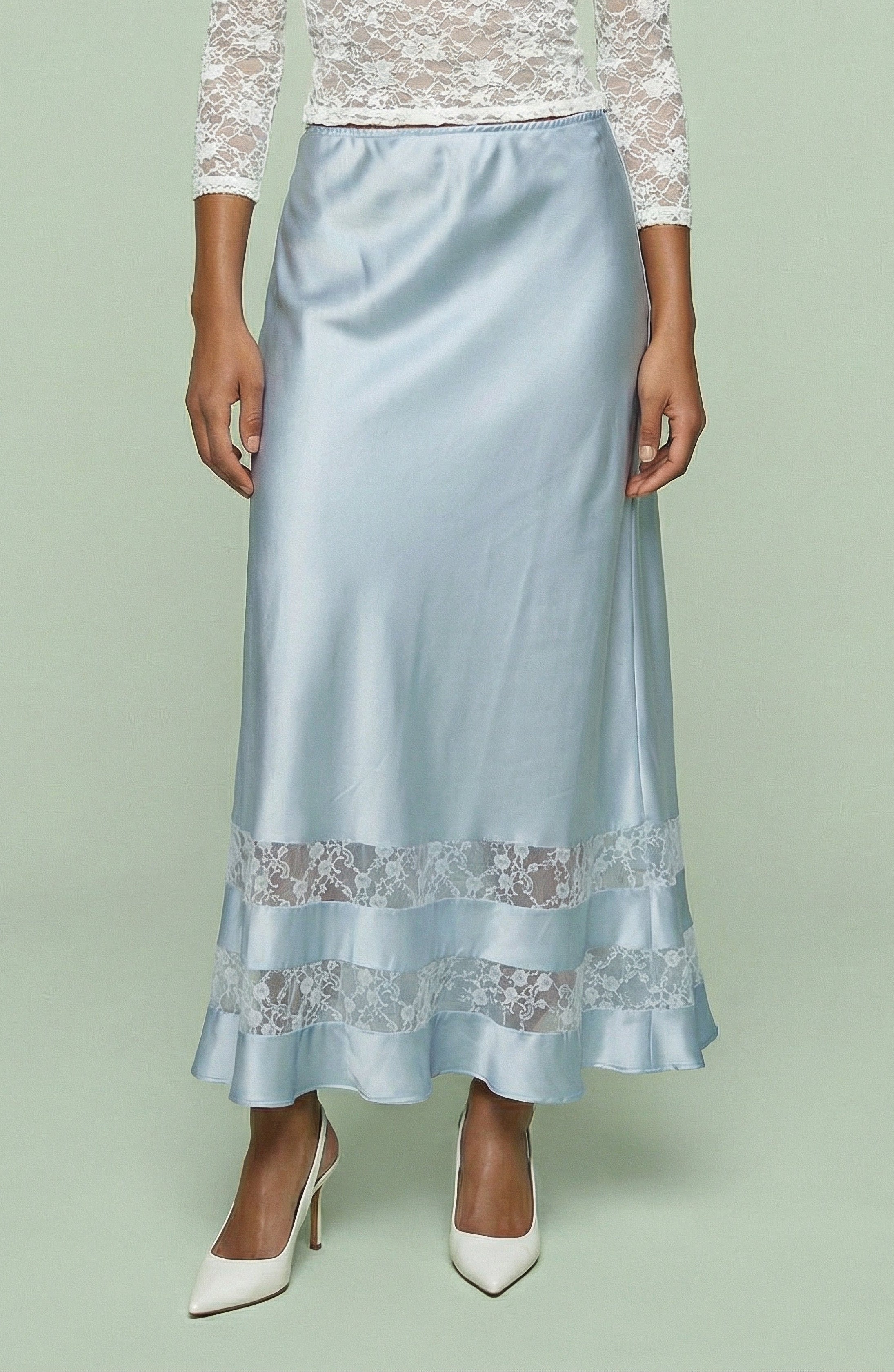 Blue Satin Lace-Trim Midi Skirt