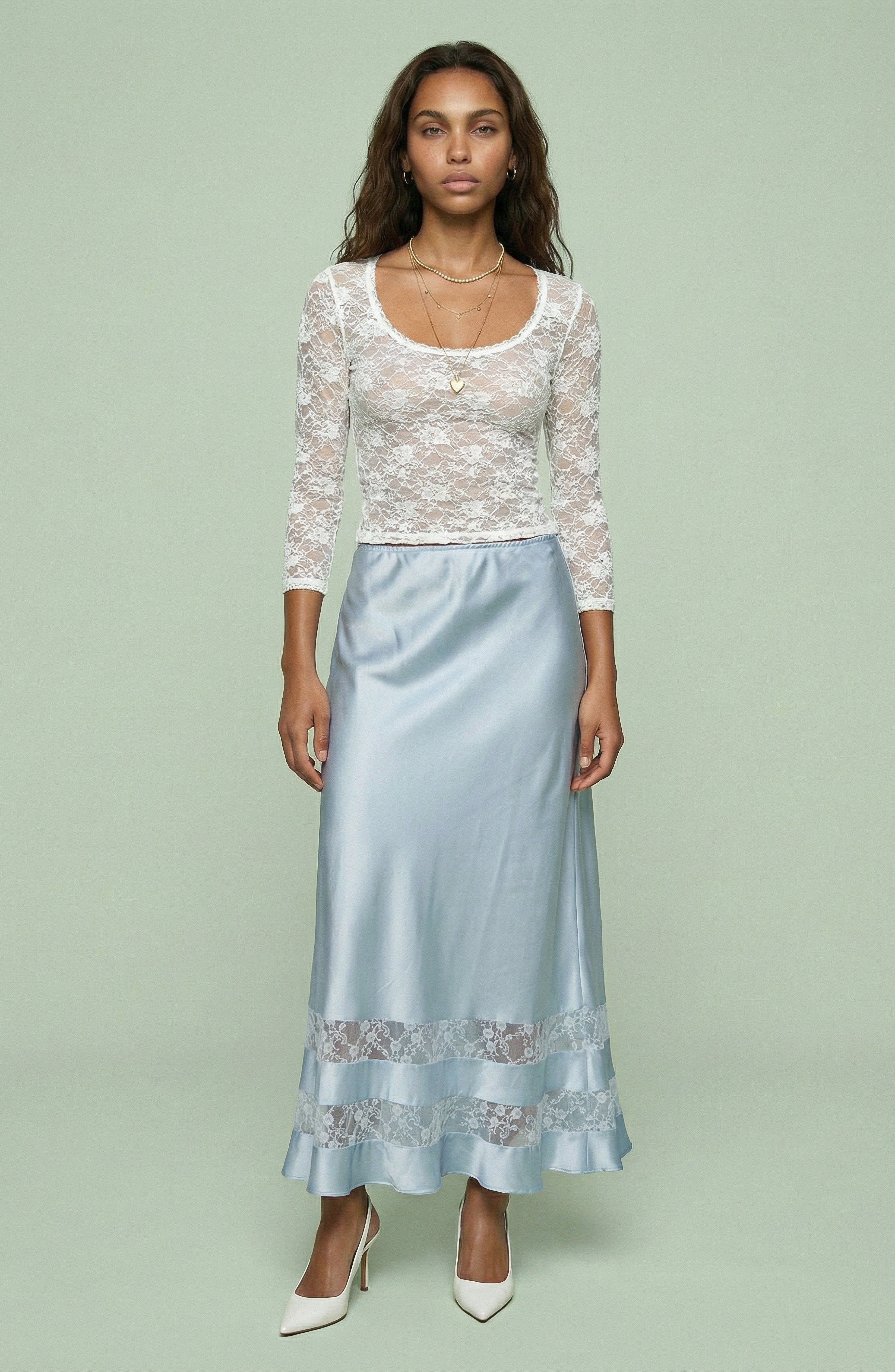 Blue Satin Lace-Trim Midi Skirt