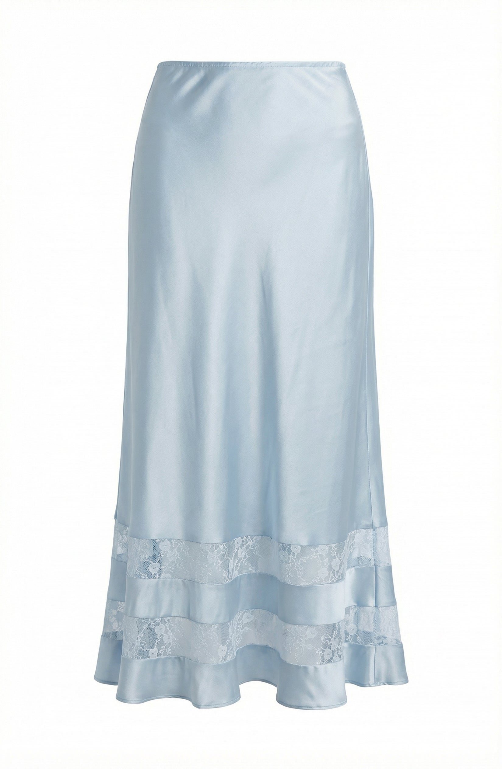 Blue Satin Lace-Trim Midi Skirt