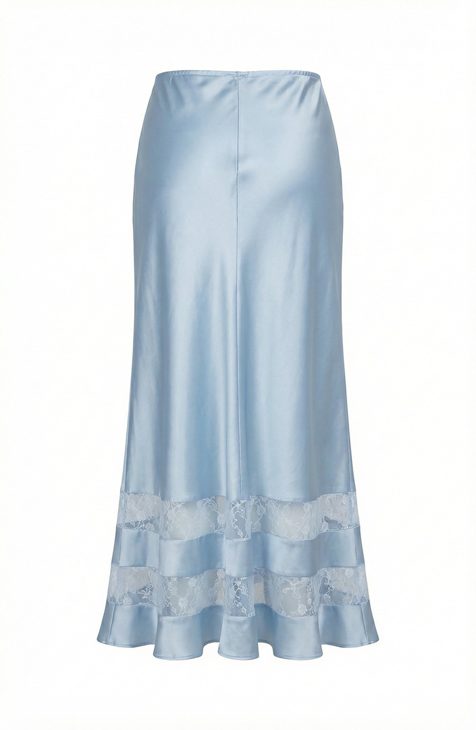 Blue Satin Lace-Trim Midi Skirt