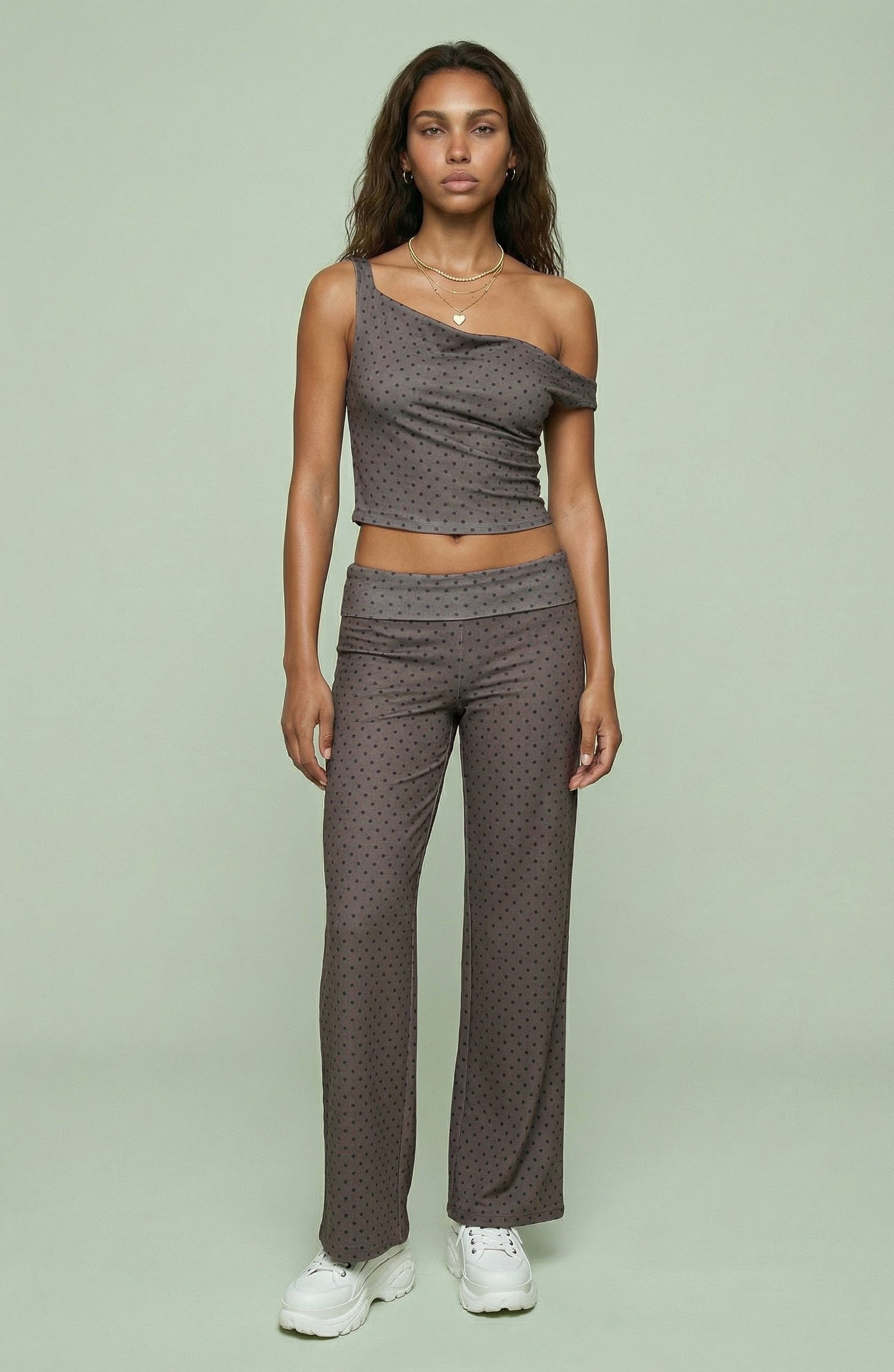 Brown Polka Dot One-Shoulder Set