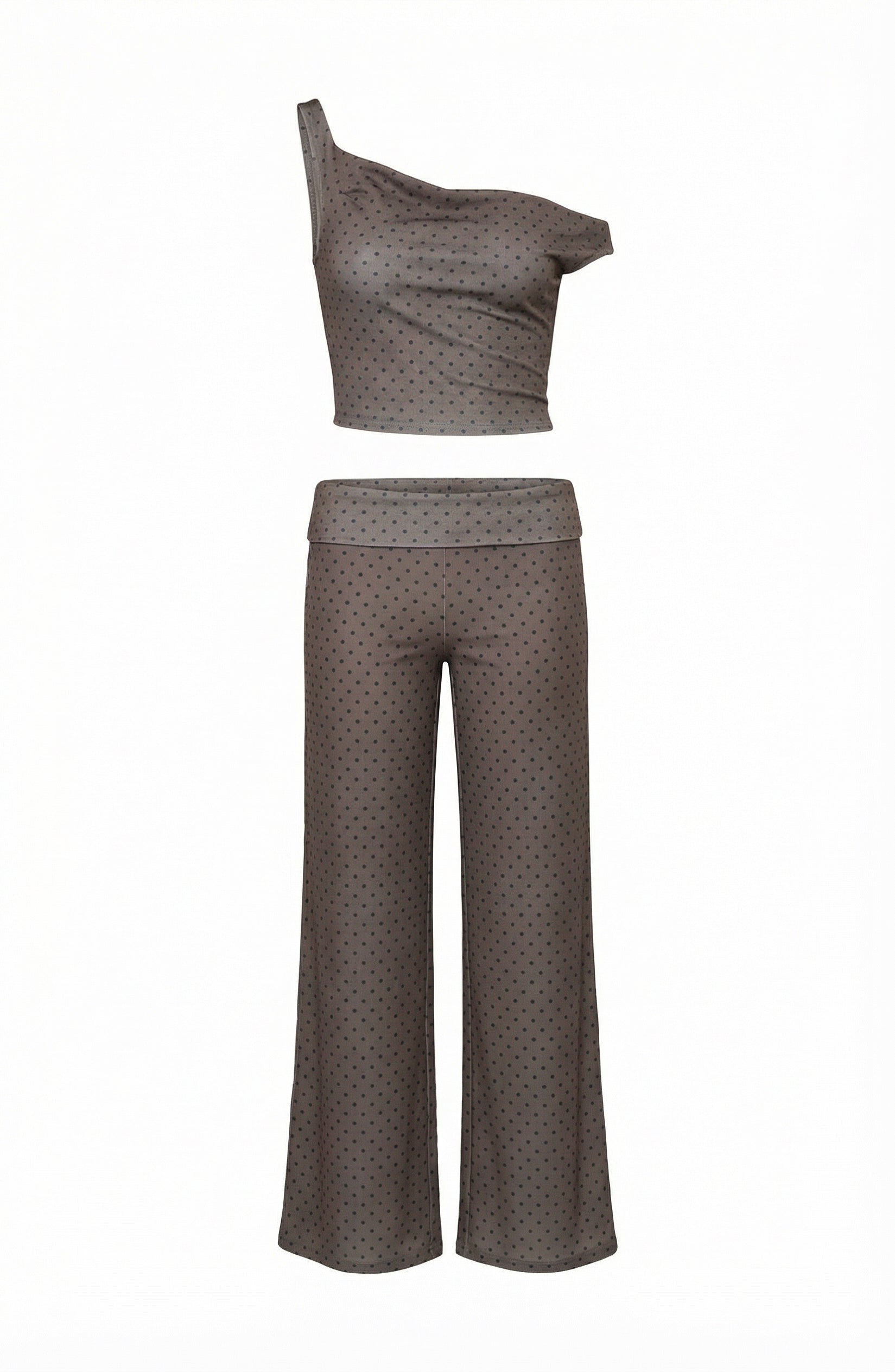 Brown Polka Dot One-Shoulder Set