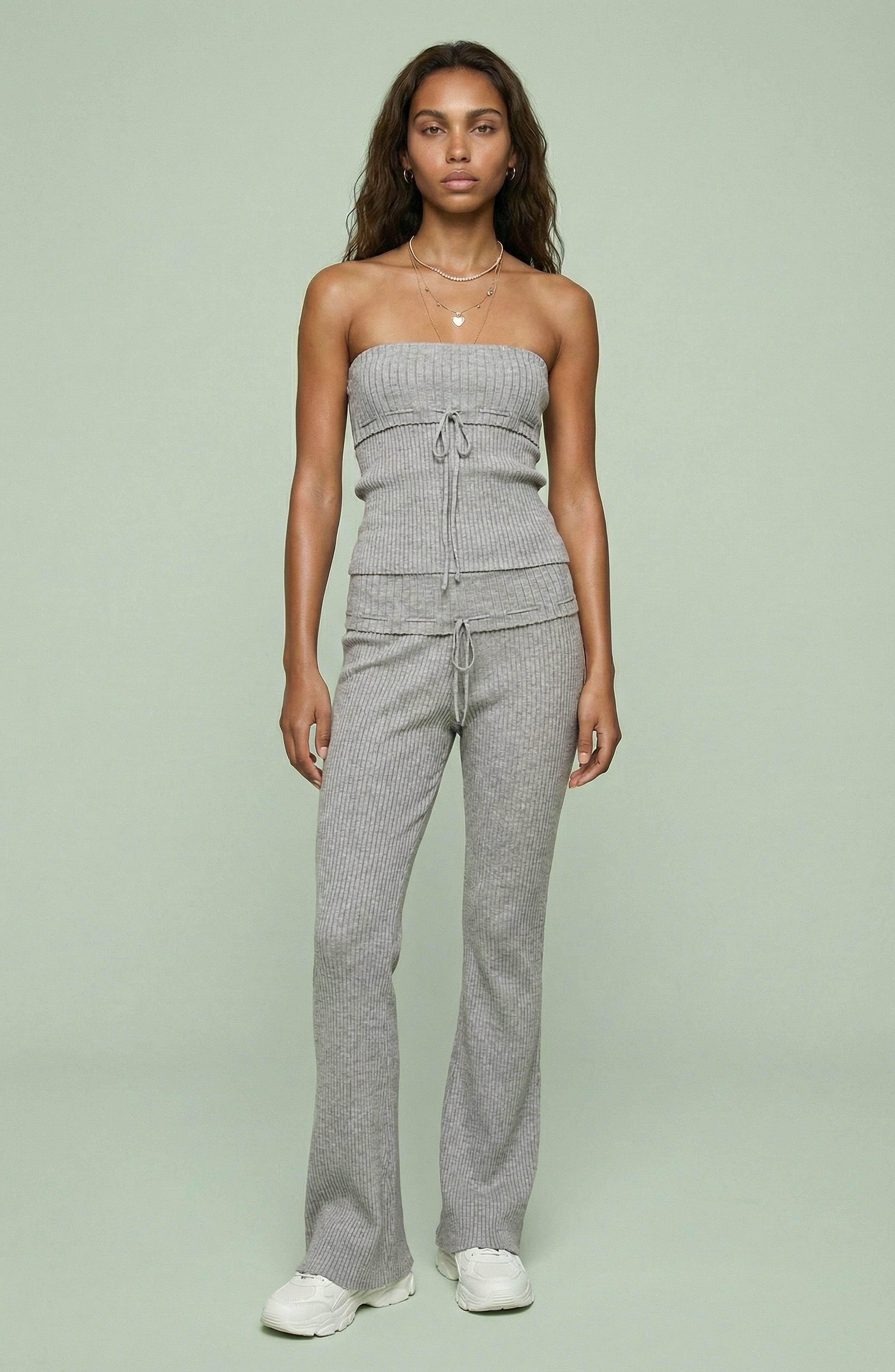 Gray Ribbed Strapless & Flare Set