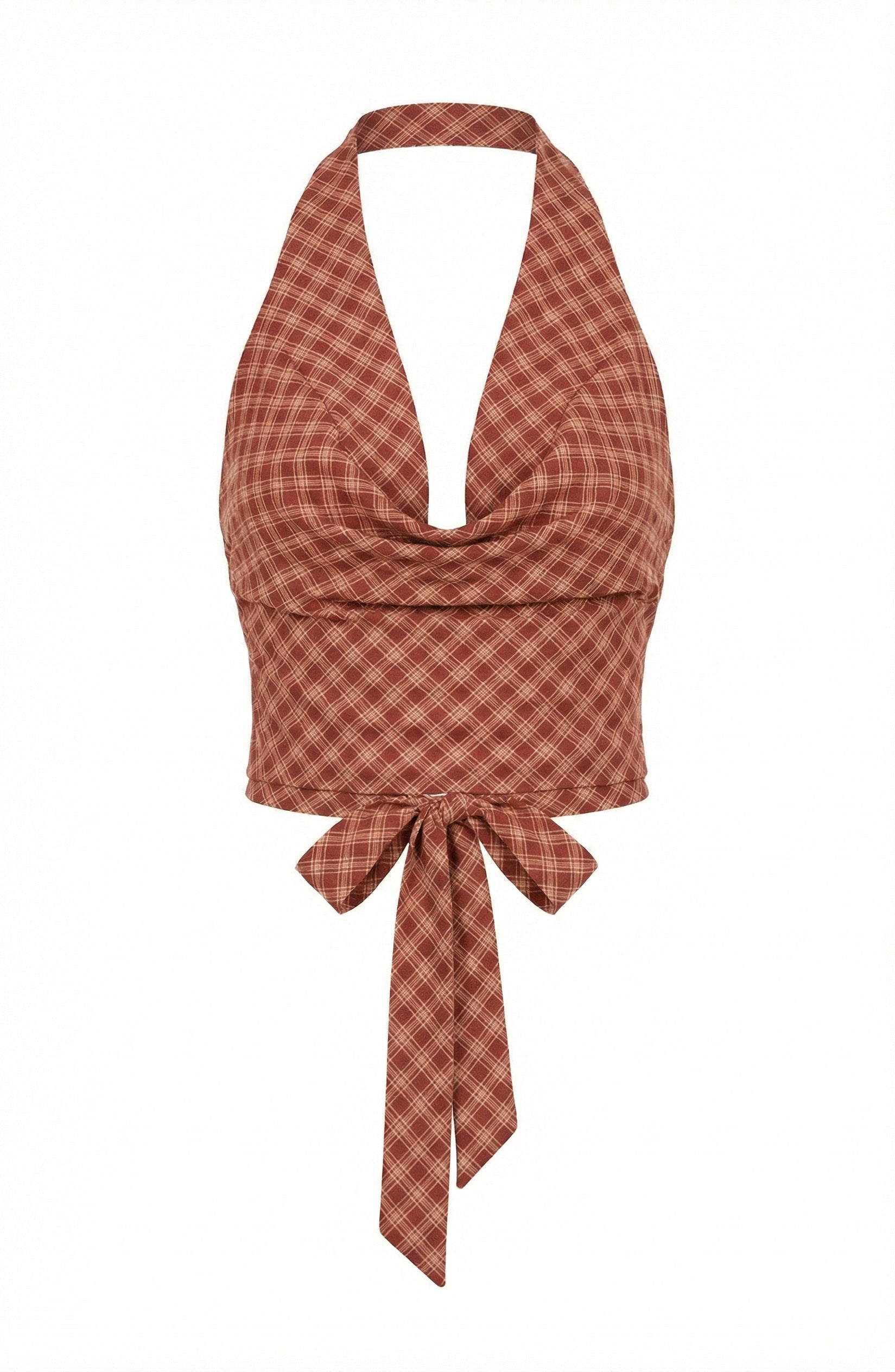 Plaid Halter Cowl Neck Open Back Top