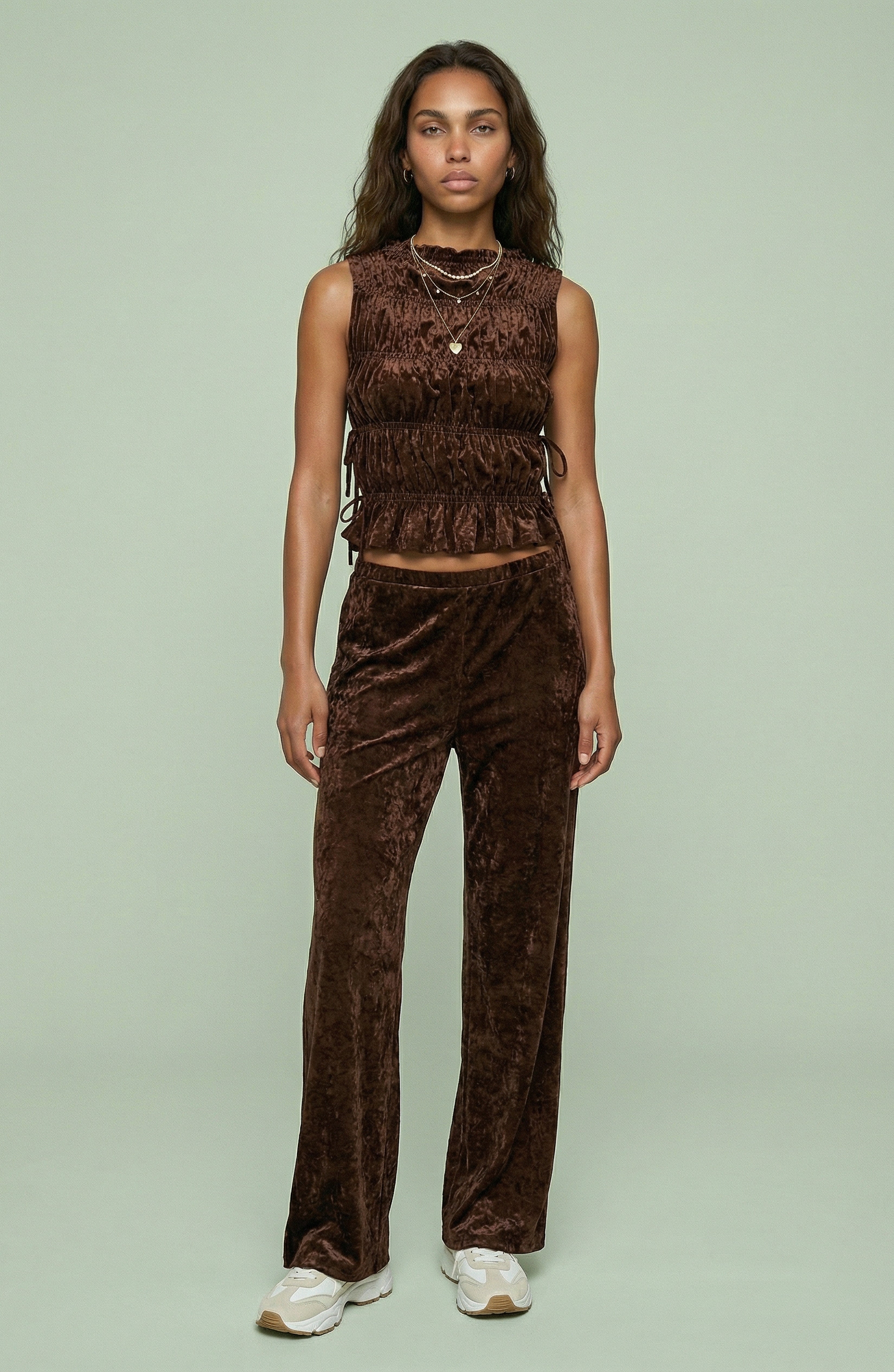 Brown Velvet Ruched Set