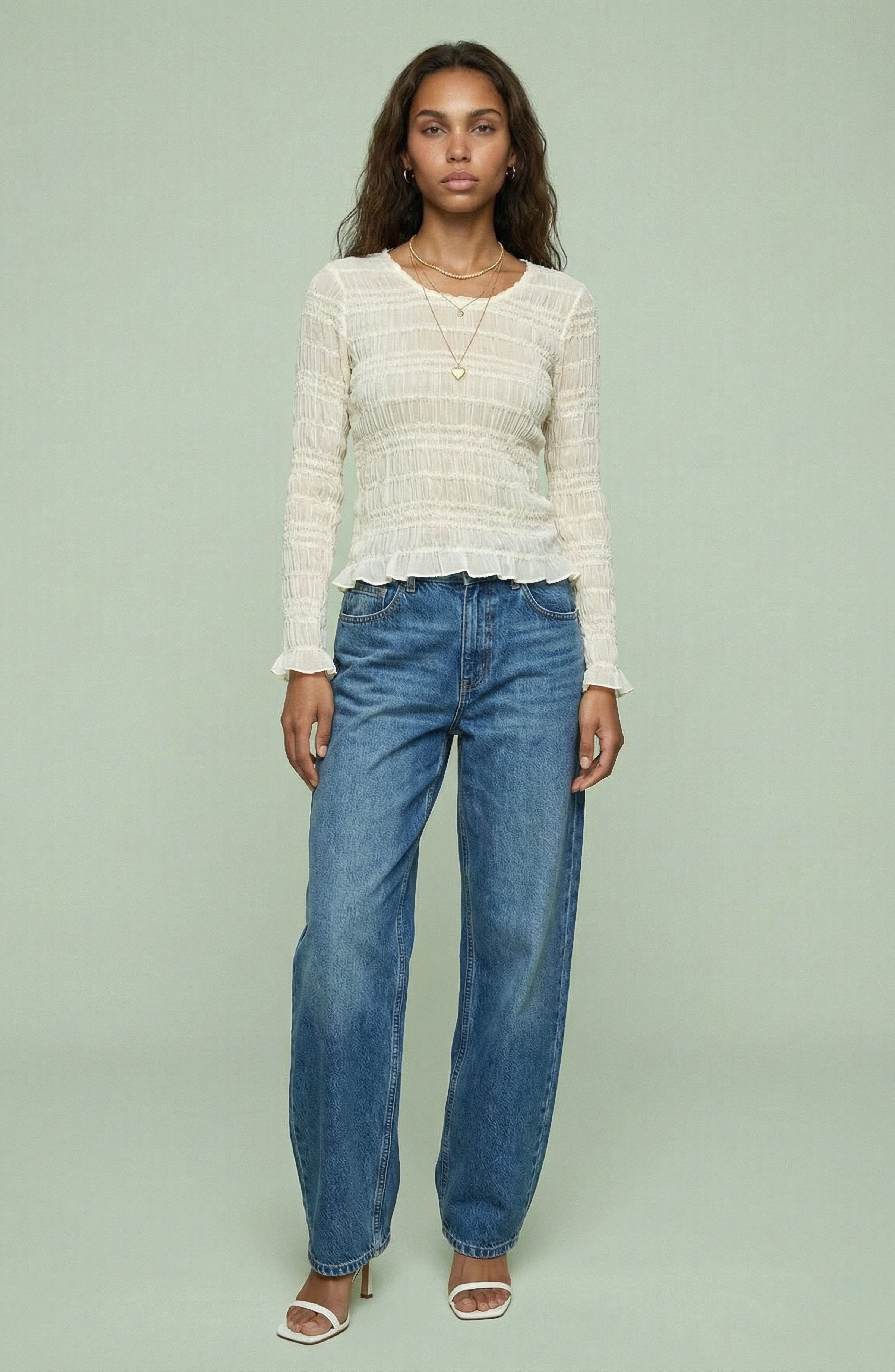 Cream Smocked Long Sleeve Top