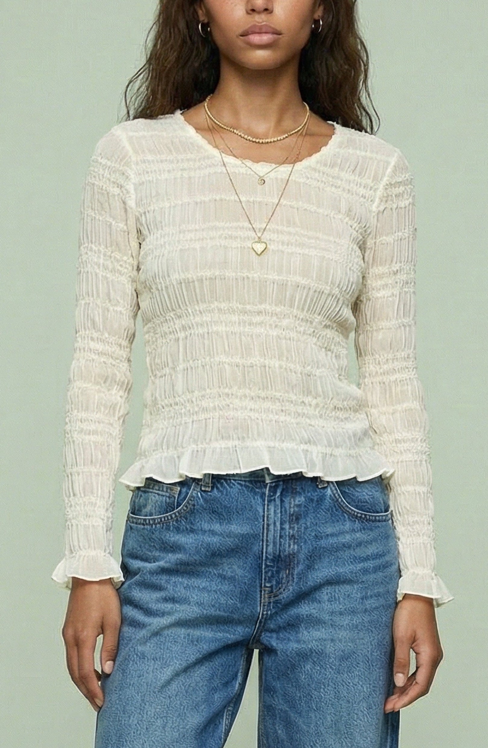 Cream Smocked Long Sleeve Top