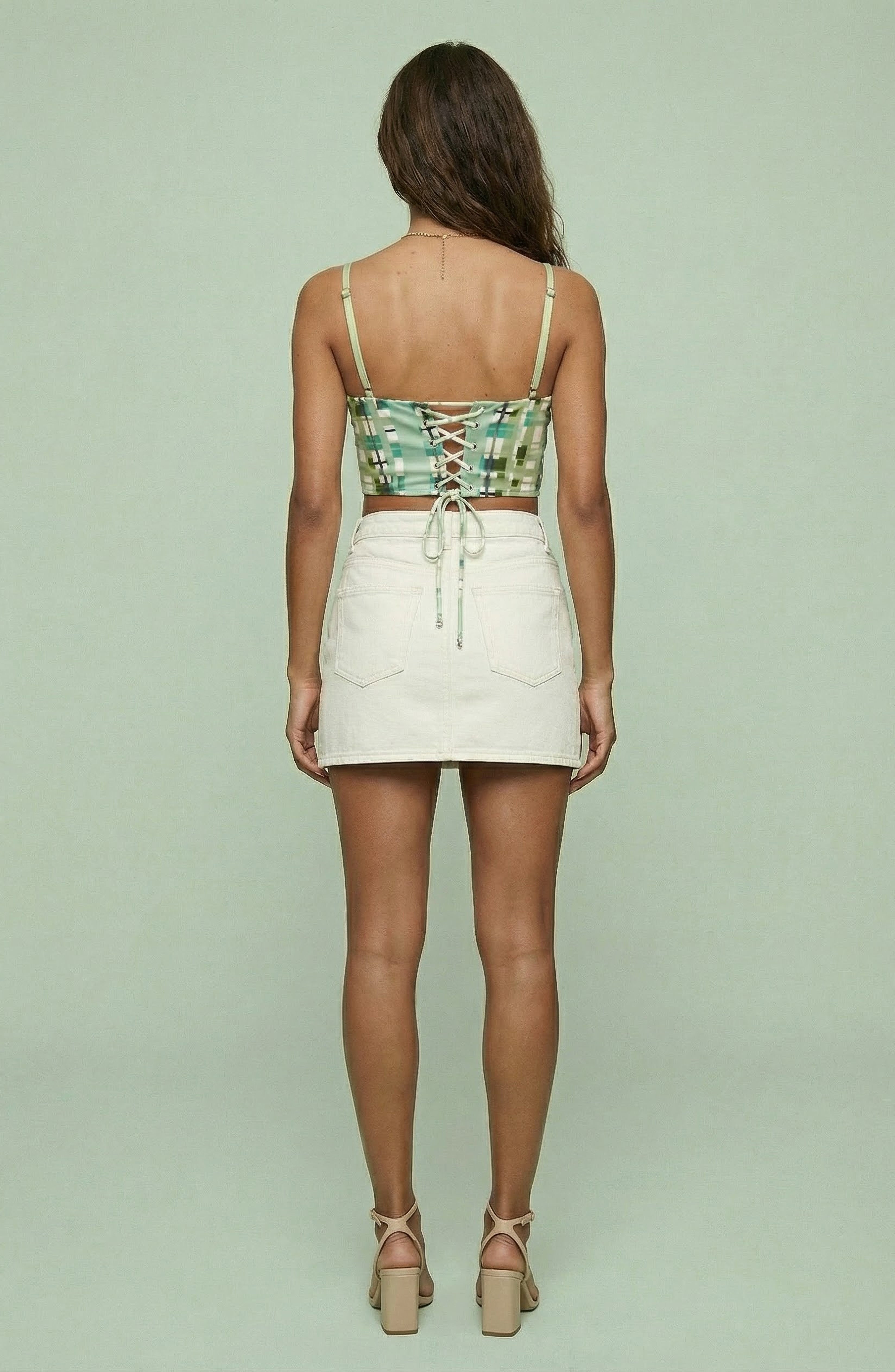 Green Plaid Lace-Up Corset Top