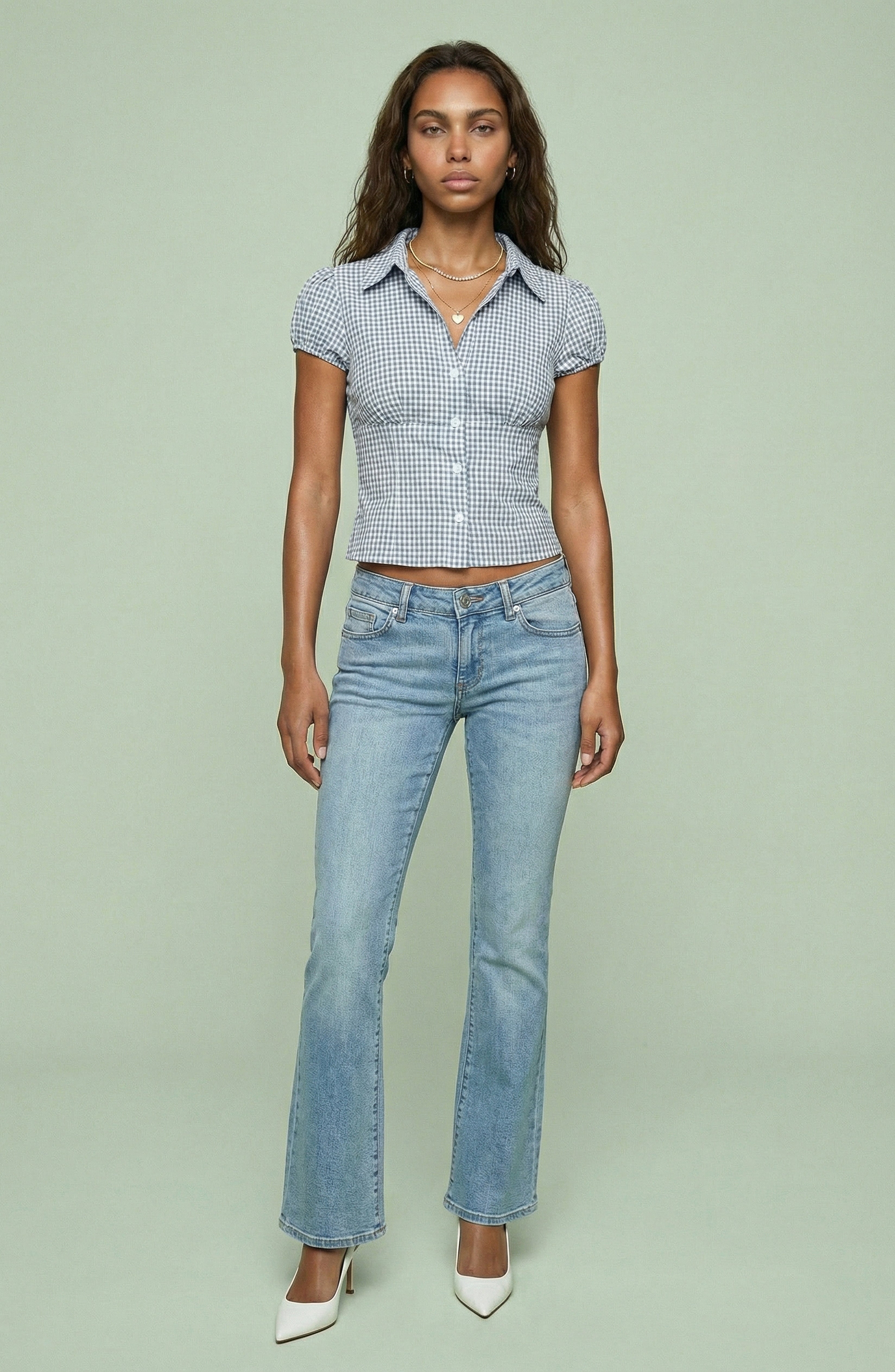 Gingham Short Sleeve Button Front Cropped Blouse