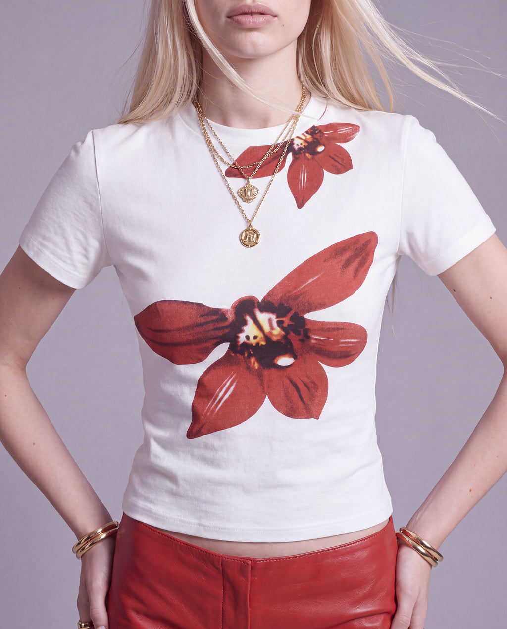 Floral Print Fitted Short Sleeve Top with Mock Neckline