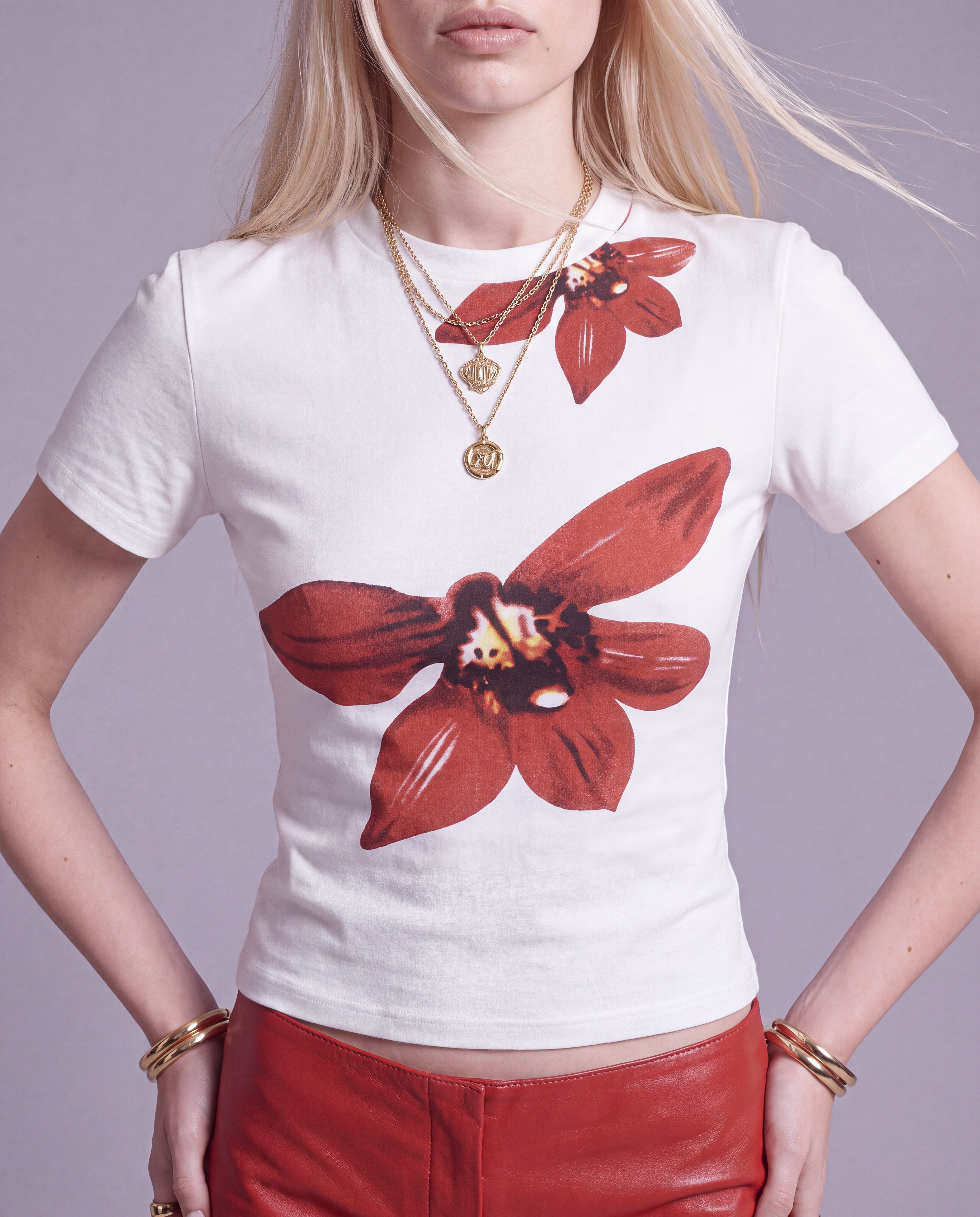 Floral Print Fitted Short Sleeve Top with Mock Neckline