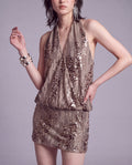 Sequined Halter Blouson Mini Dress with Open Back